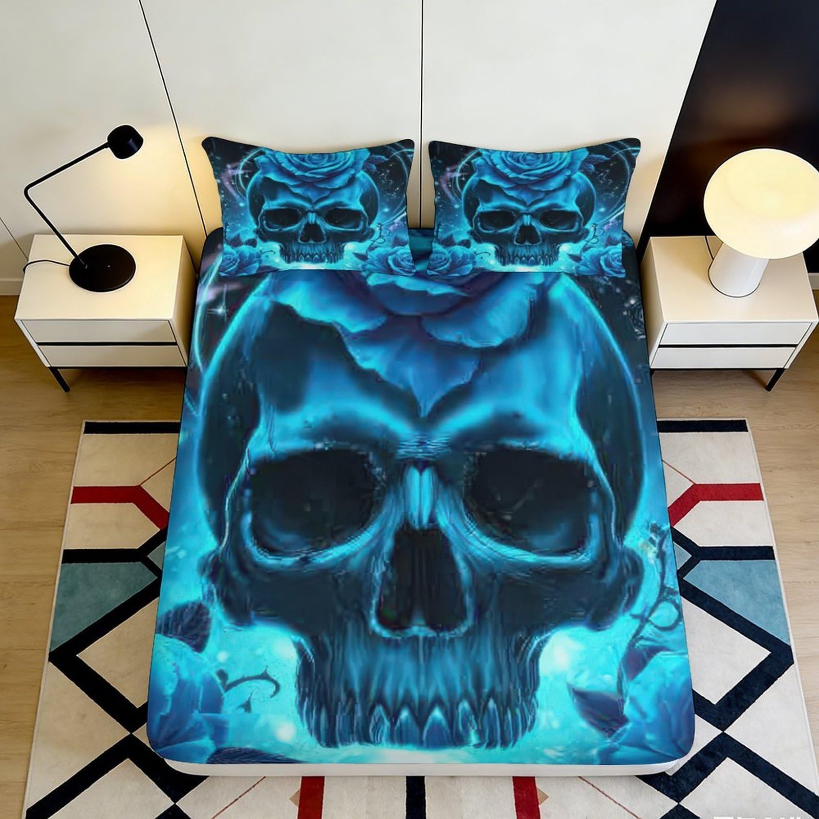 3D Printed Skull Fitted Sheet Microfiber Non-Slip Deep Pocket Skull Mattress Fitted Cover for Adult Bedroom 140x200x25cm