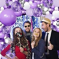 Vista 7 de Kit de arco de guirnalda de globos morados, 144 globos de confeti morado pastel morado lavanda con globos blancos plateados para mariposa, despedida