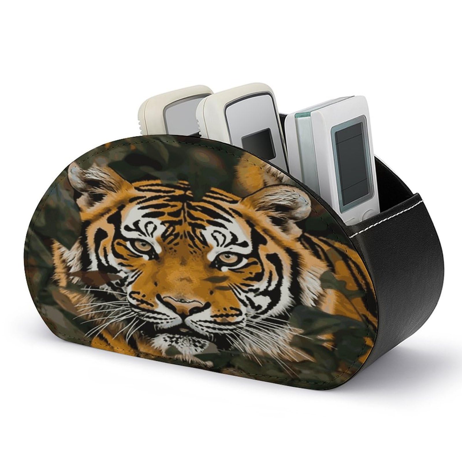 FekiLoot Camouflage Tiger Remote Control Holder with 5 Compartments Multi-functional TV Remote Caddy Organizer Leather TV Remote Holder Desktop Organizer Store for Bedside Table Office Desk