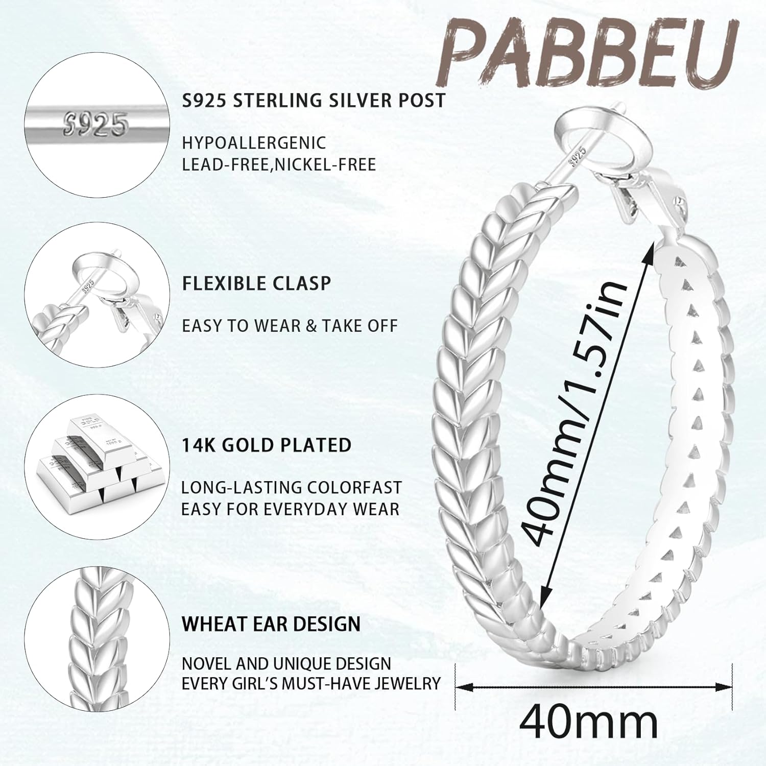 PABBEU Sterling Silver Hoop Earrings, 925 Sterling Silver Hoops Earrings for Women, Lightweight Silvers Hoops Earrings, Hypoallergenic Large Silvers Hoop Earrings for Women Gift 30/40/50MM - Image 2