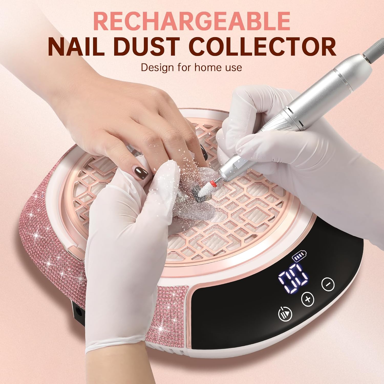 Nail Dust Collector, Cordless Dust Collector Nail Tech, Powerful Vacuum Fan Vent Dust Collector Extractor Dust Suction Machine for Acrylic Gel Polish,Salon & Home, Pink Diamond