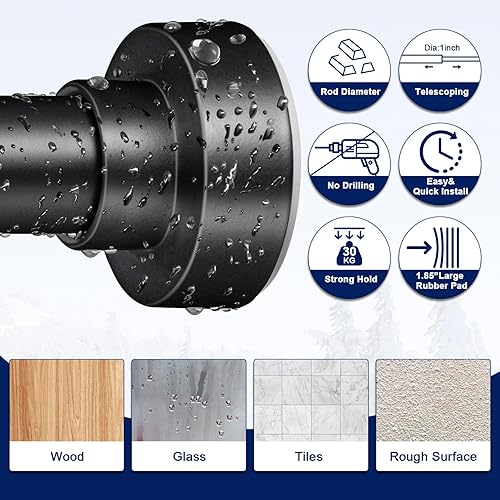 Miniatura 5 de Barra de cortina de ducha con 12 anillos de cortina de ducha, de 34 a 96 pulgadas, antideslizante, nunca se oxida, sin taladro, barra de cortina de