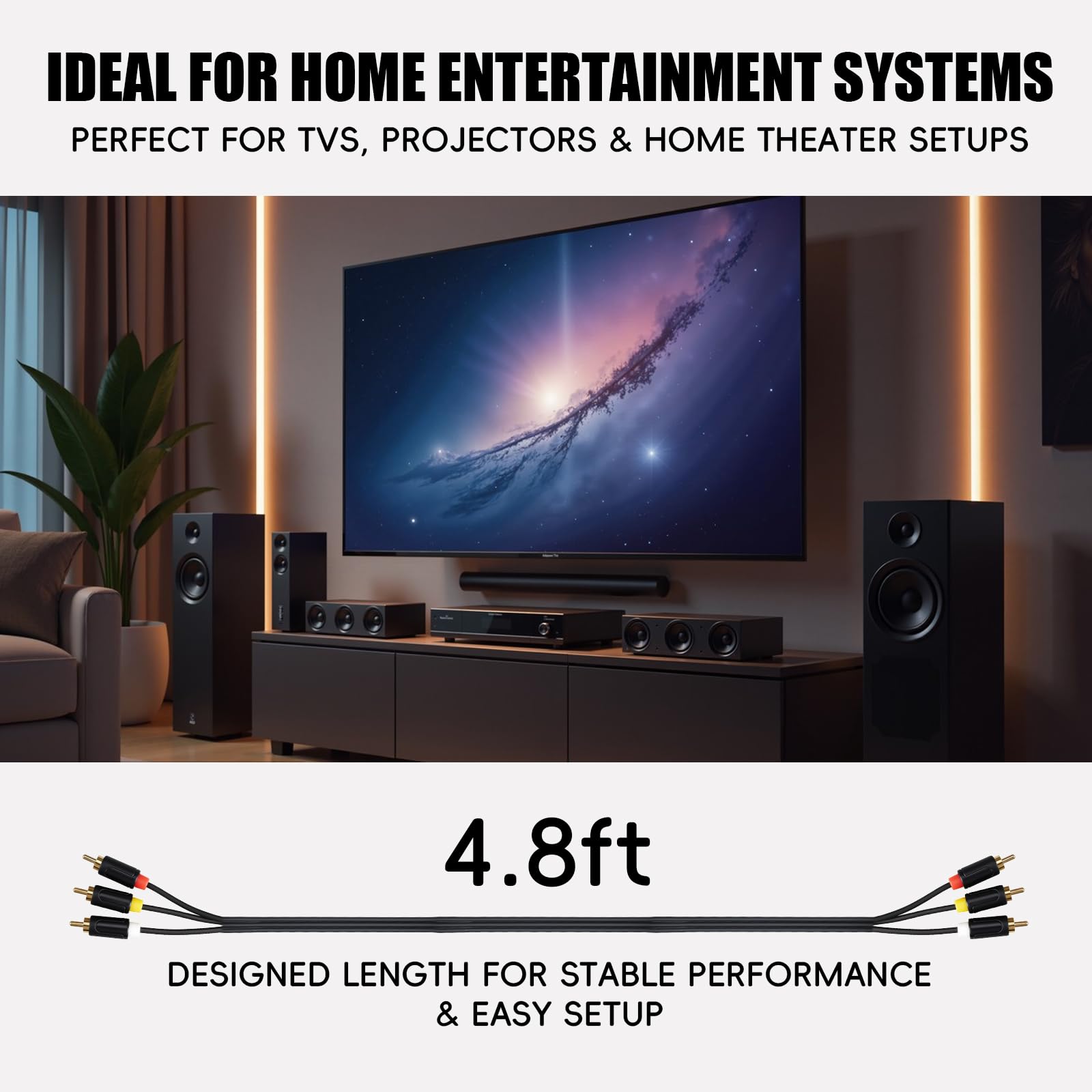 RCA AV Kabel, 3 RCA Stecker auf Stecker für DVD, PS1, PS2, VCR, 1,5 m | Composite-Video und Stereo-Audio, vergoldete Anschlüsse, verstärkte PVC-Ummantelung, für Geräte mit Standard-Cinch-Ports