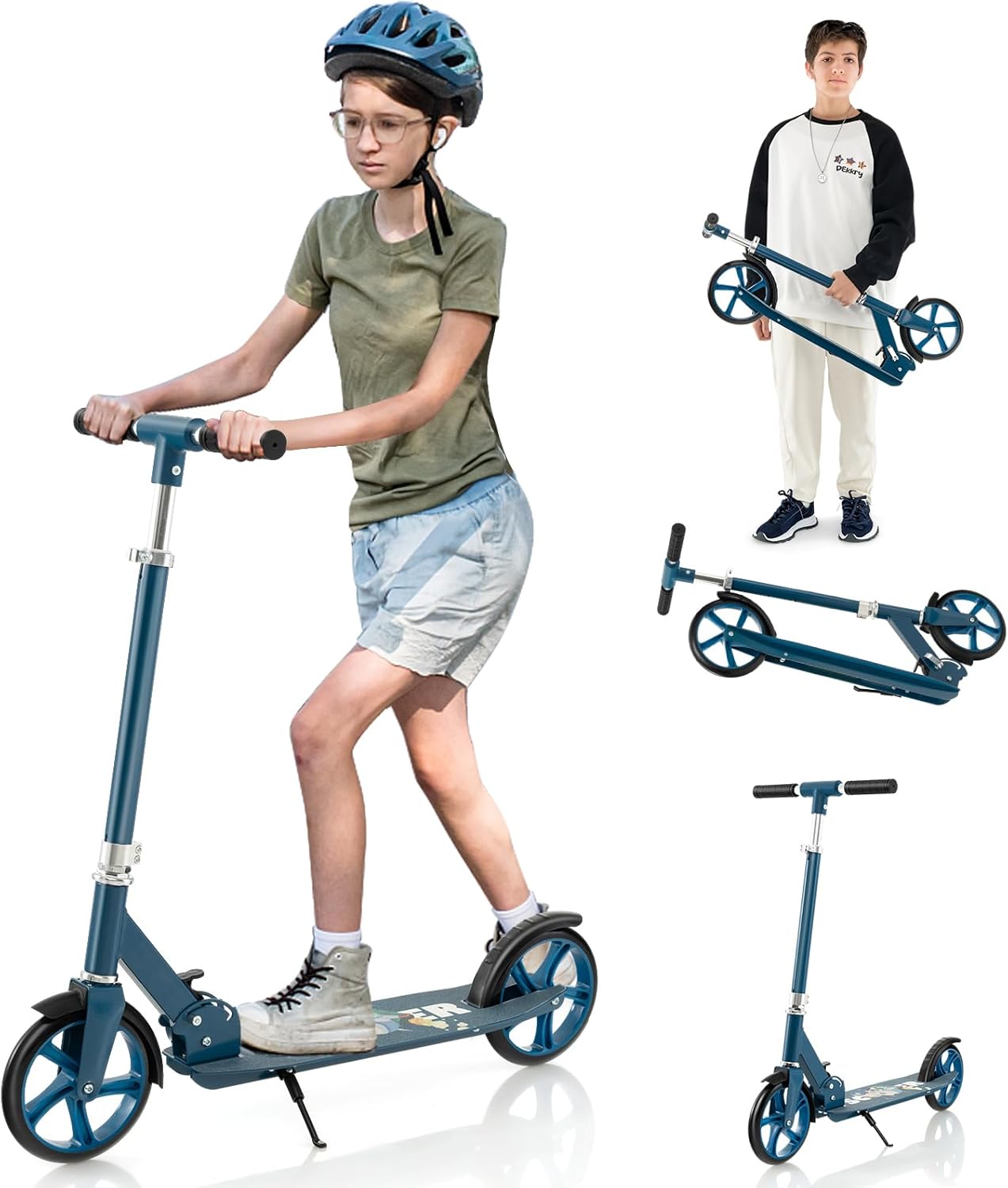 GYMAX Scooter for Kids 8+ Teens & Adults, 220LBS Folding Kick Scooters with Height Adjustable Handle Bar & Heavy Duty ABEC-7 Bearings, Smooth Riding with 8” Large PU Wheel, Freestanding Kickstand