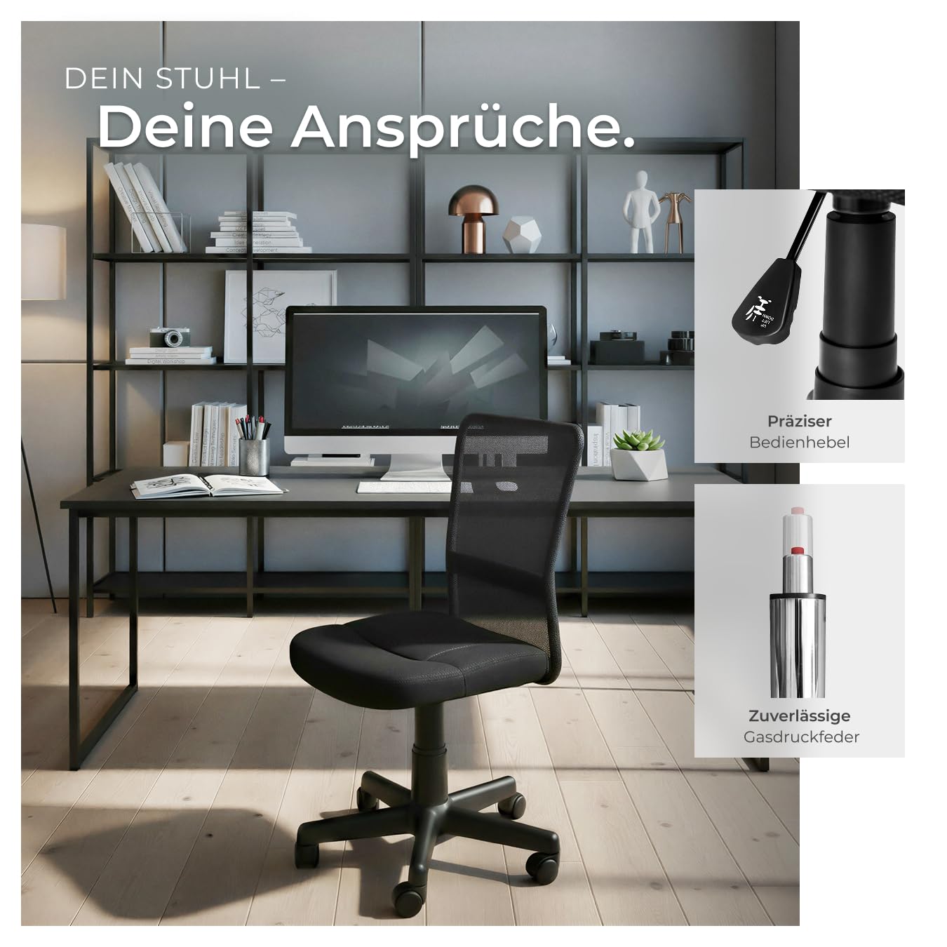 tectake® ergonomischer Bürostuhl, Schreibtischstuhl mit Rollen, Drehstuhl, Gaming Stuhl, Office Chair, Drehsessel, Möbel für Arbeitszimmer, und Jugenzimmer, PC, Computertisch - schwarz