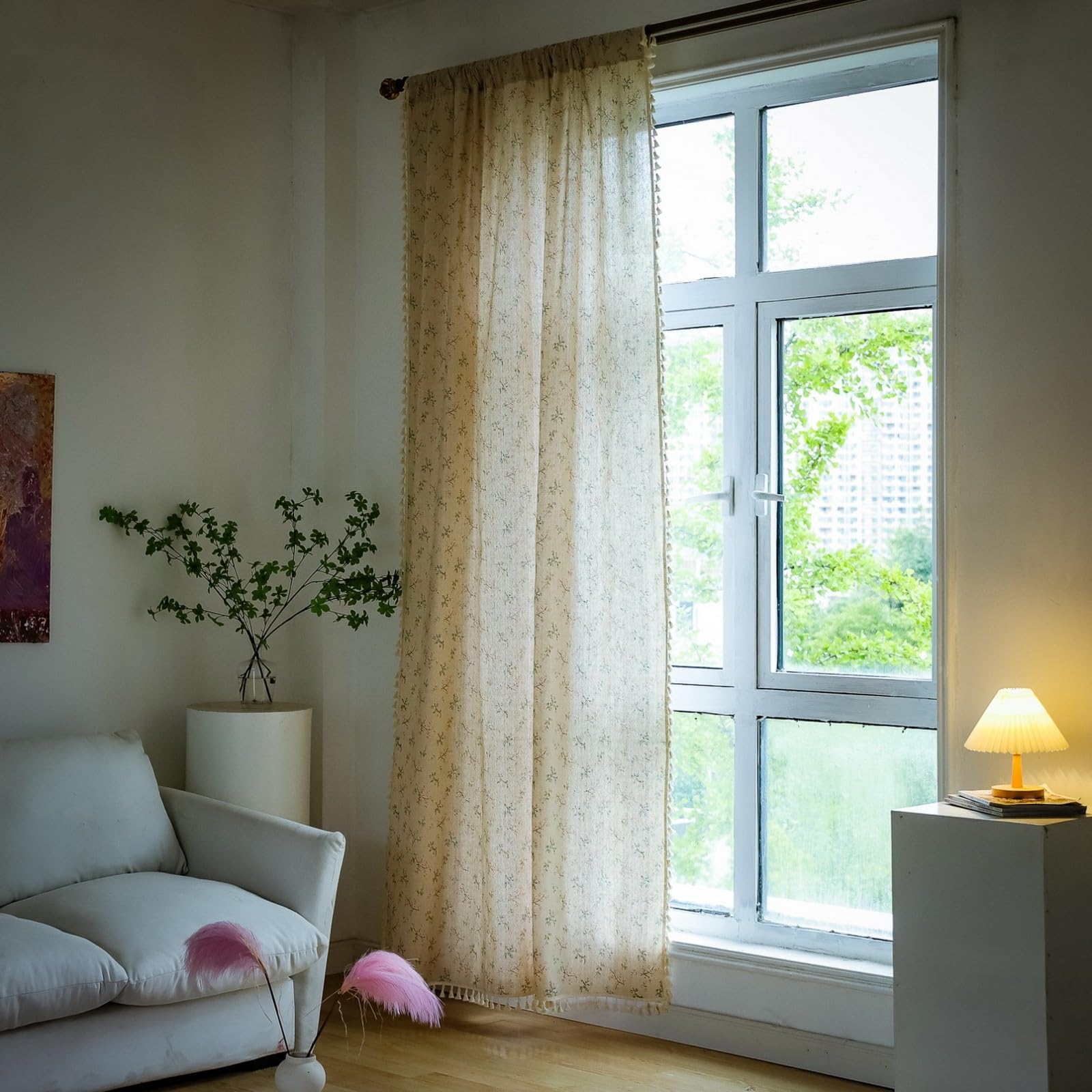 A.Monamour Rideau Voilage Passe Tringle Semi Occultant Opaque Coton Lin Floral Rural Boho Décoration Fenêtre Court Rideau de Porte avec Glands à Pompons pour Salon Chambre Cuisine, 1 Panneau