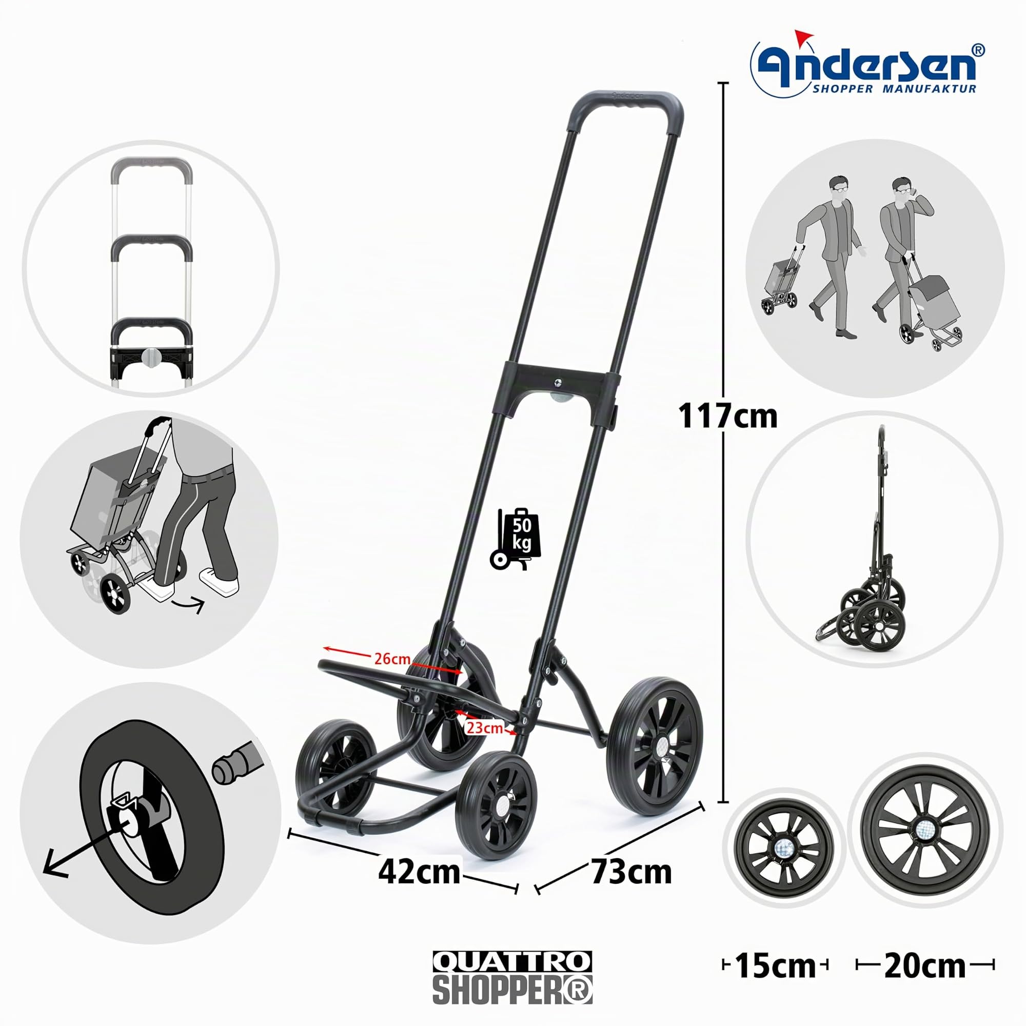Andersen Einkaufstrolley - klappbar - 61 Liter - 4 Räder - mit Kühlfach | höhenverstellbar - belastbar 50 kg - Stahlgestell - Trolley - Quattro Shopper Folke schwarz