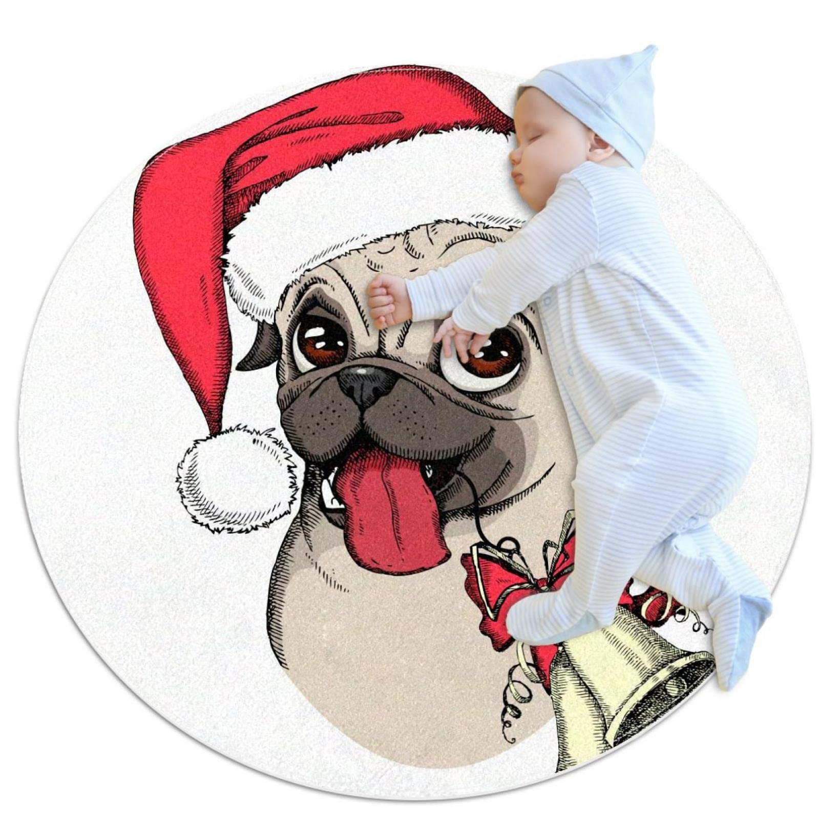 Tapis rond carlin de Noël, cadeau original pour passionné de chiens