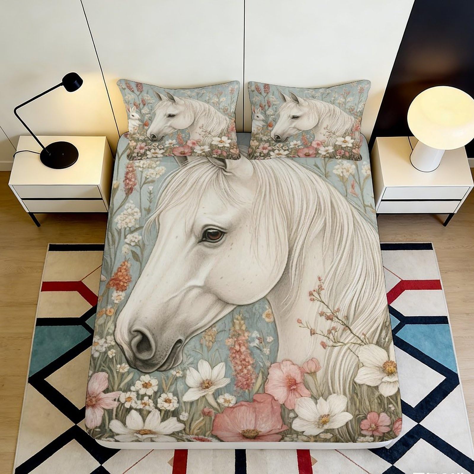 Jqzkxnhpbr Style-6 3D Printed White Horse Fitted Sheet Microfiber Floral Bed Cover For Bedroom Guest Room Mattress Protection Decor 90X200x25cm