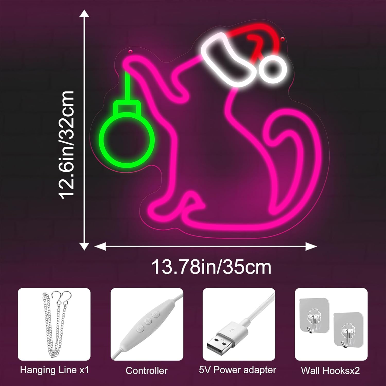 Christmas Neon Sign - Pink Cat With Santa Hat Neon Signs For Wall Decor Christmas Party Decoration New Year Gift Neon Light Sign 13.7″ × 12.5″