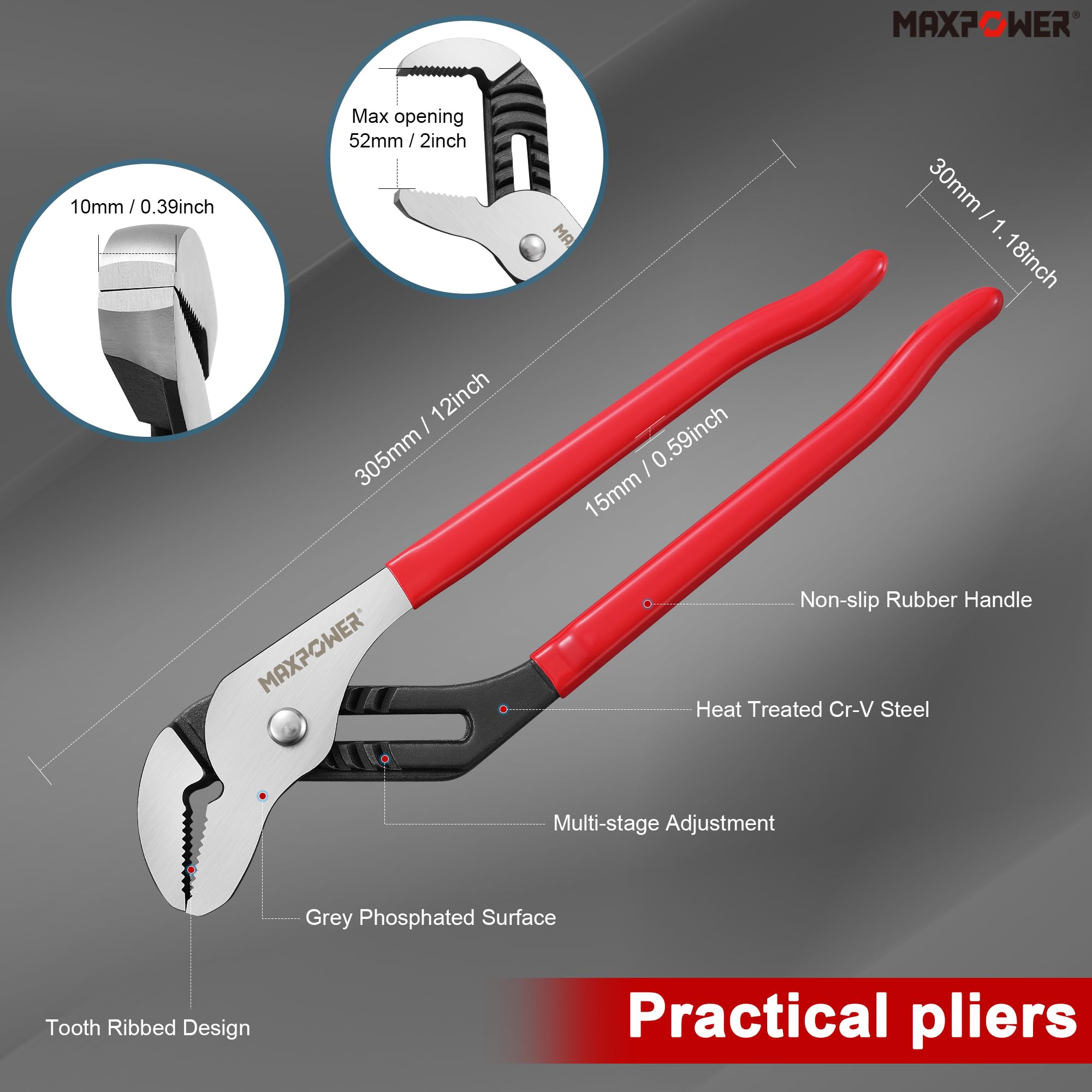 MAXPOWER 12 inch Water Pump with Pliers Straight Jaw, Adjustable Tongue and Groove Plier, Slip Joint Plumbing Pliers - Image 3