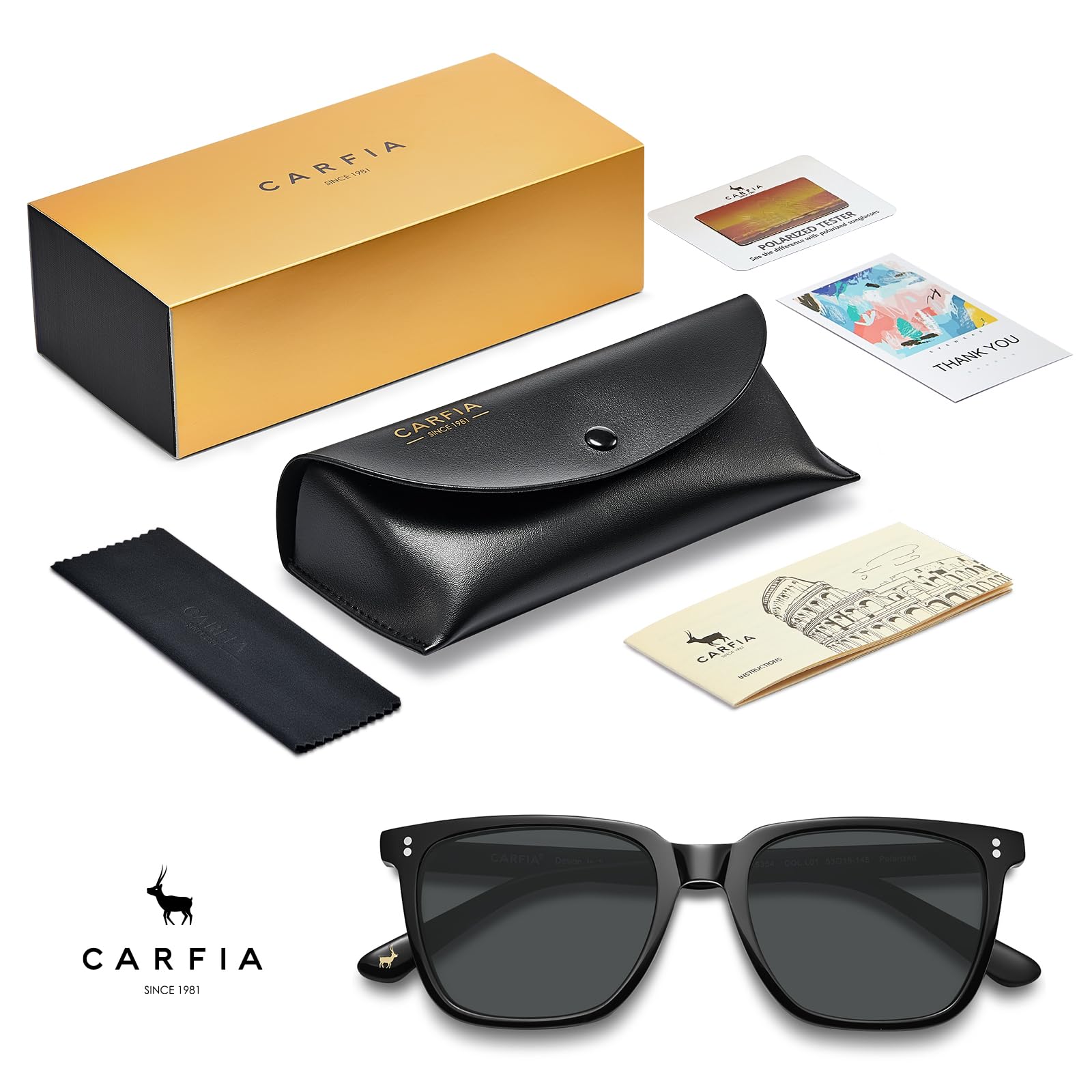CARFIA Occhiali da sole polarizzati quadrati in acetato per uomo CA5354LNEW | Protezione UV400 stile retrò per golf guida all'aperto