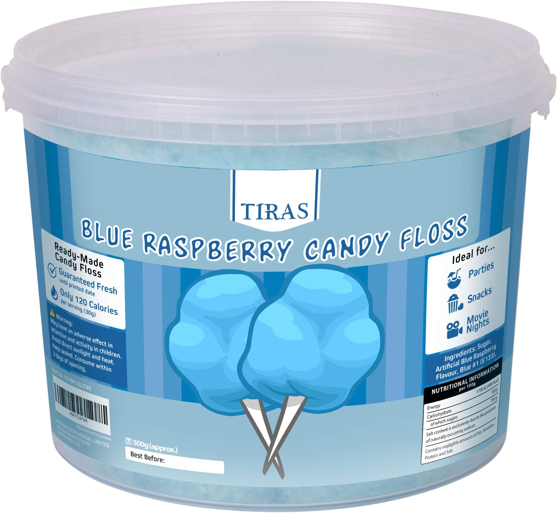 Blue Raspberry Candy Floss - Prepared Fluffy Cotton Candy, Perfect for Parties and Events - Large Candy Floss Tub (500g)