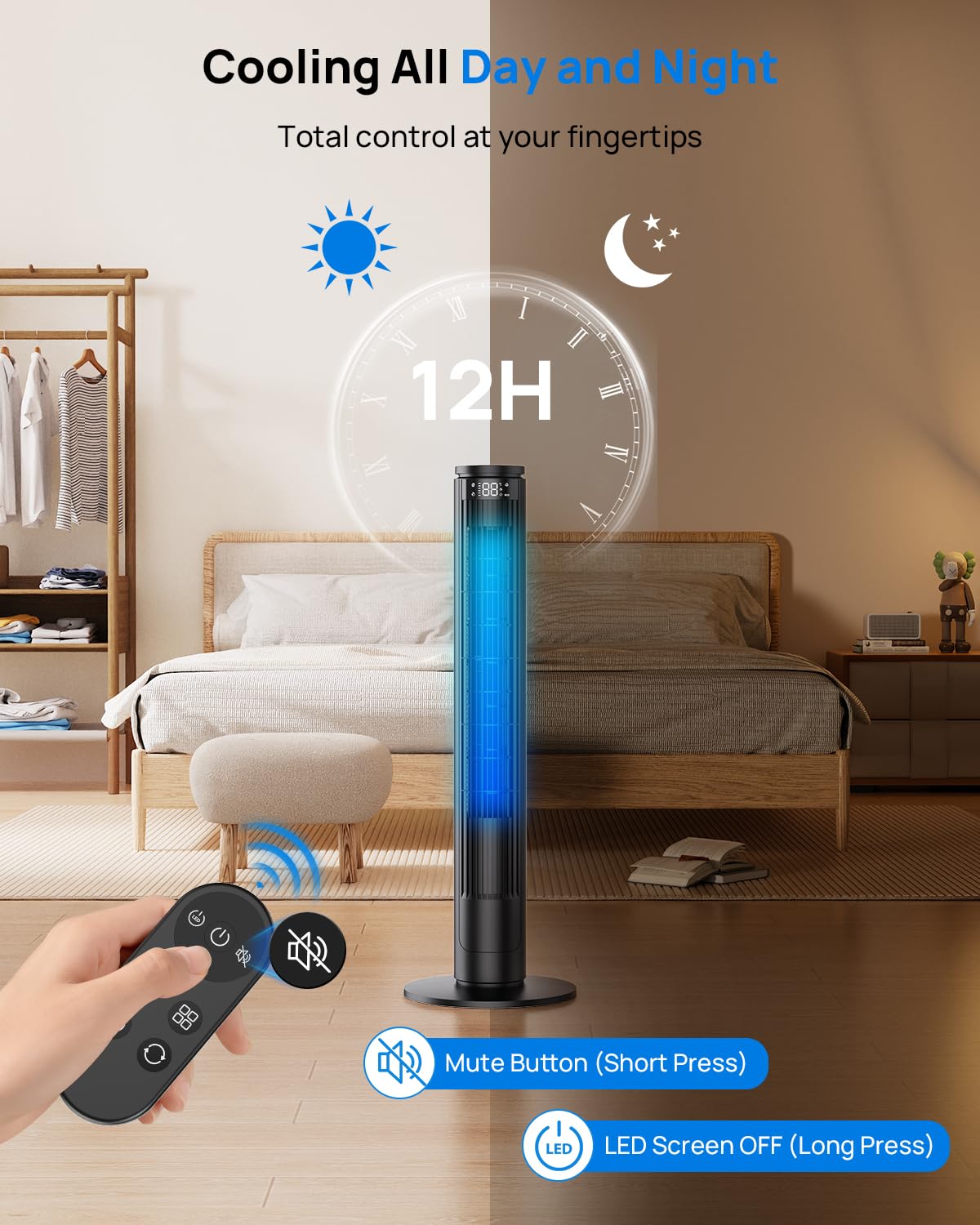 Ventilateur Colonne Silencieux, Ventilateur Tour avec Télécommande & Écran LED, 5 Modes Intelligents & 6 Vitesses, Oscillation 70°, Minuterie 12H, Mode ÉCO Économe – Idéal pour Salon, Chambre, Bureau