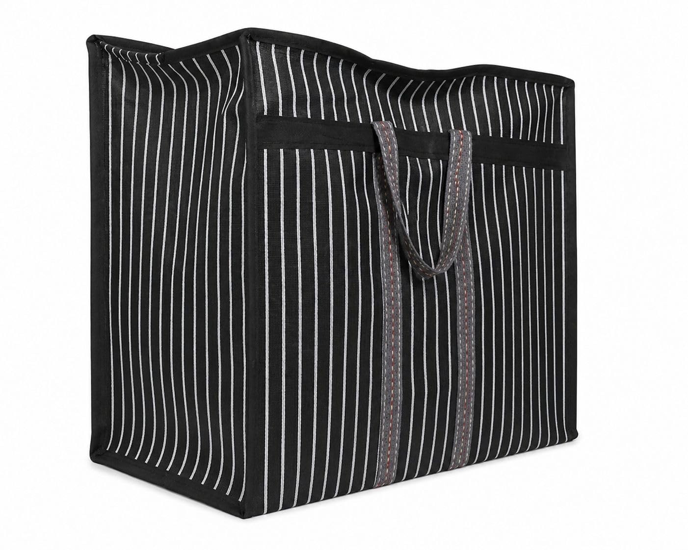 Medium Storage Bag, Black with White Stripes, Reusable Tote, Heavy Duty Handles, Foldable Shopping Bag-image-1