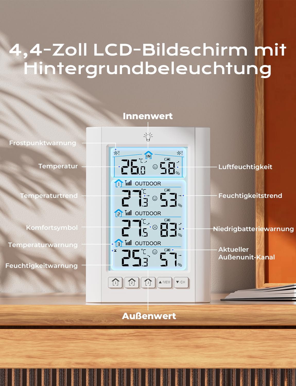 LIORQUE Funk Wetterstation mit 3 Außensensoren Digitales Thermometer Hygrometer Innen Funkwetterstation mit 100 m Reichweitensensor Thermo-Hygrometer für Gewächshaus Weinkeller