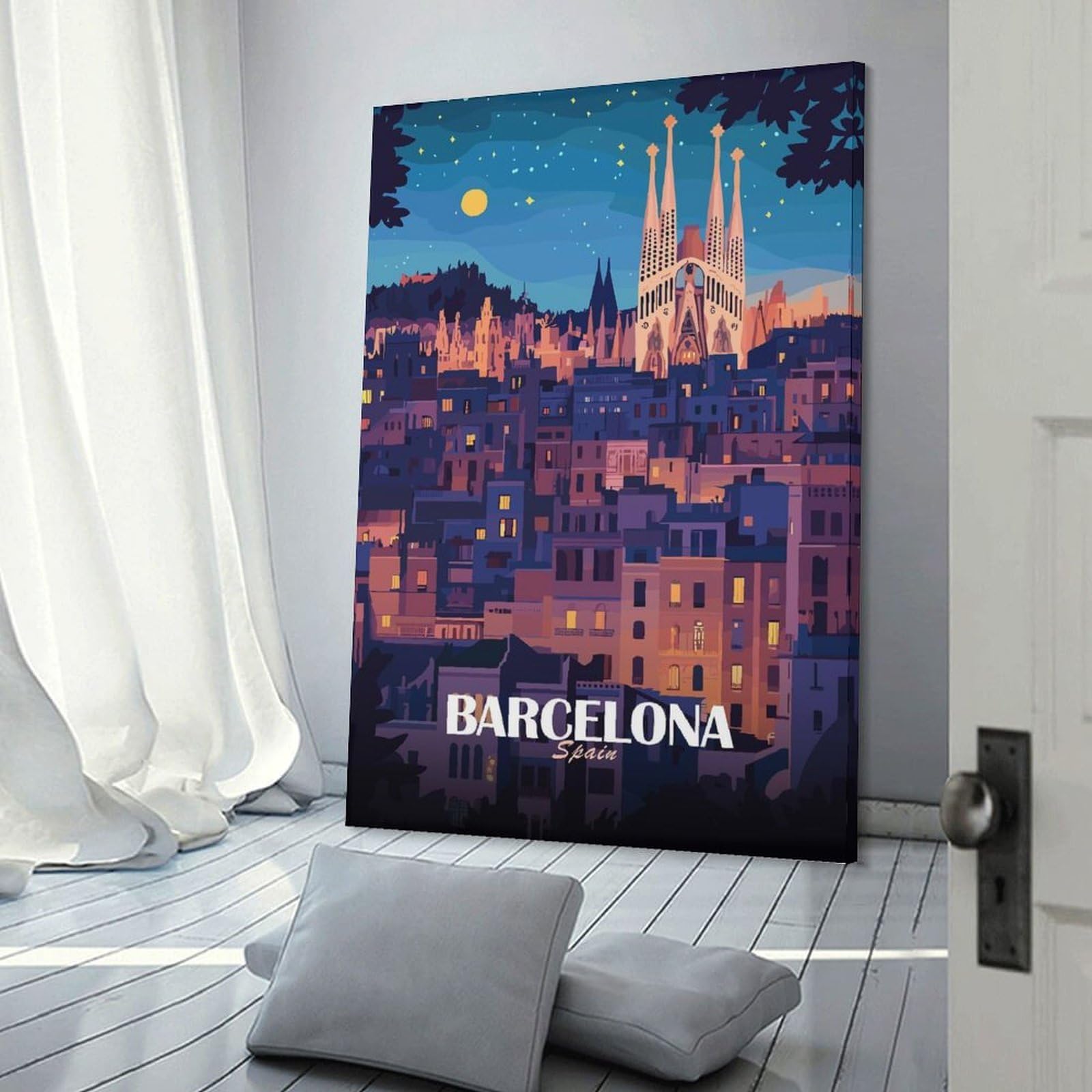 Junmoney Frame-Style-5 Barcelona Spain Cityscape At Night Canvas Art Print 16X24inch(40X60cm), For Bedroom Decor, Cosy Corners Or Studios, An Easy Wall Refresh For Bedrooms
