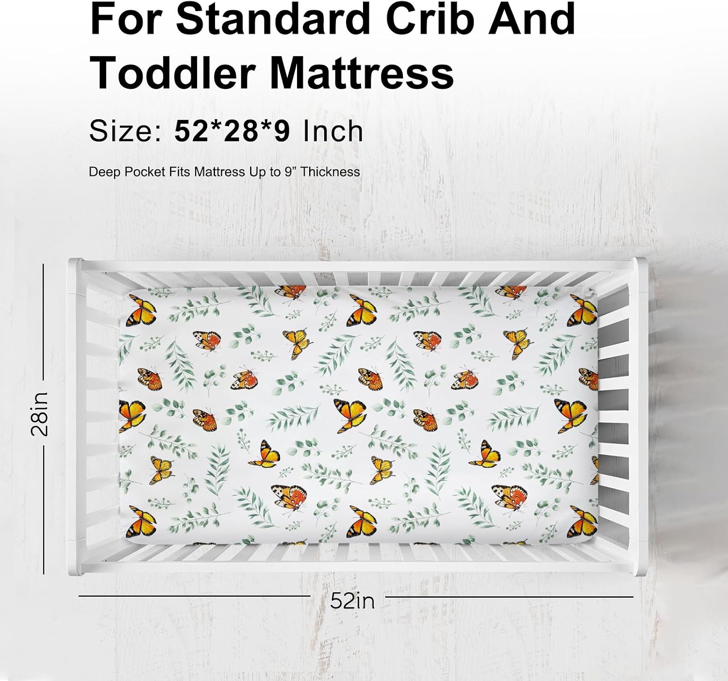 Vintage Butterflies Green Leaves Baby Crib Sheets Girl Boy 52"x28" Boho Butterflies Greenery Fitted Crib Mattress Cover Soft Breathable Spring Garden Baby Sheets for Standard Crib and Toddler Mattress