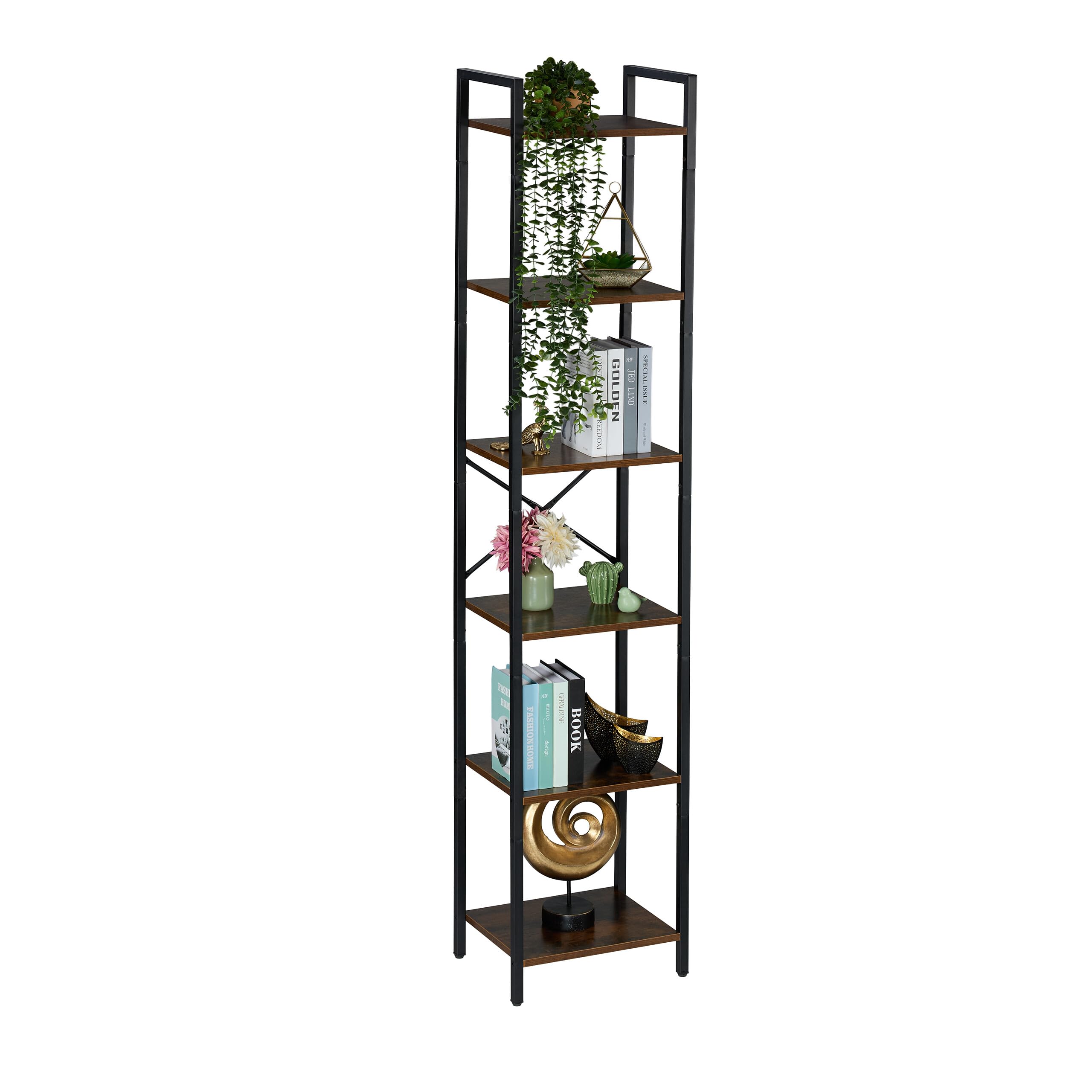 Relaxdays Bookcase, 6 Tiers, 187x40x32 cm, Shelving Unit, Industrial, Open Storage, Free-Standing Bookshelf, Brown/Black