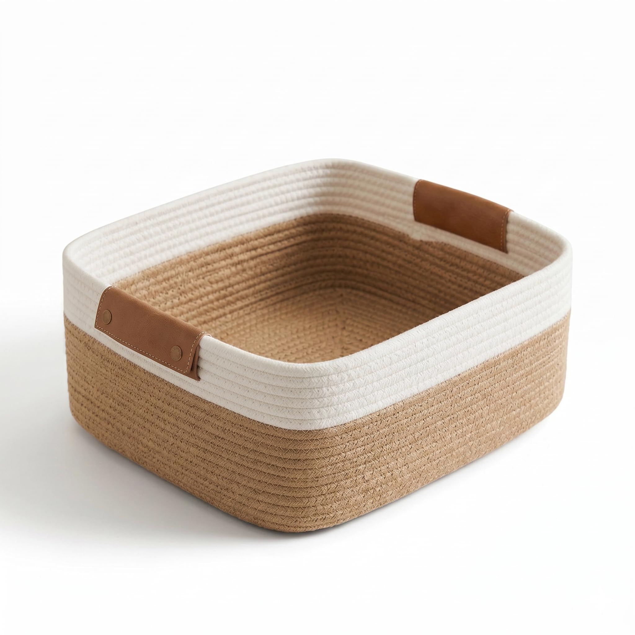 Rectangle Cotton Rope Woven Basket with Handles for Books, Magazines, Toys - Ideal Gift Decorative Basket for Baby Nursery, Living Room (Jute, Small 10 x 6 x 4 Inch) (Beige and White)-image-38