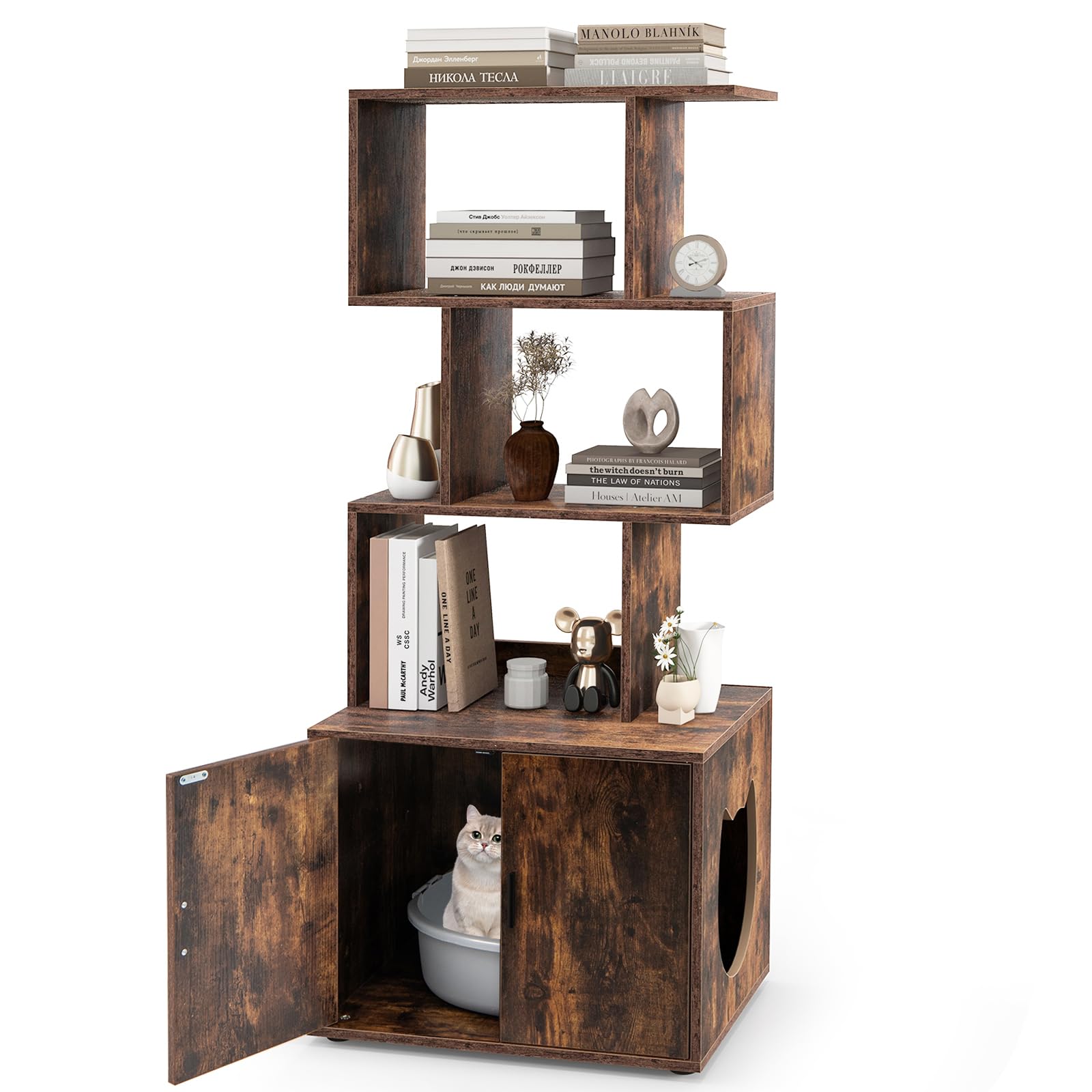 COSTWAY Cat Litter Box Enclosure, 2 in 1 Hidden Cats Washroom Furniture with 3 Storage Shelves, Side Entrance, Indoor Wooden Cat House Bookshelf (Rustic Brown)