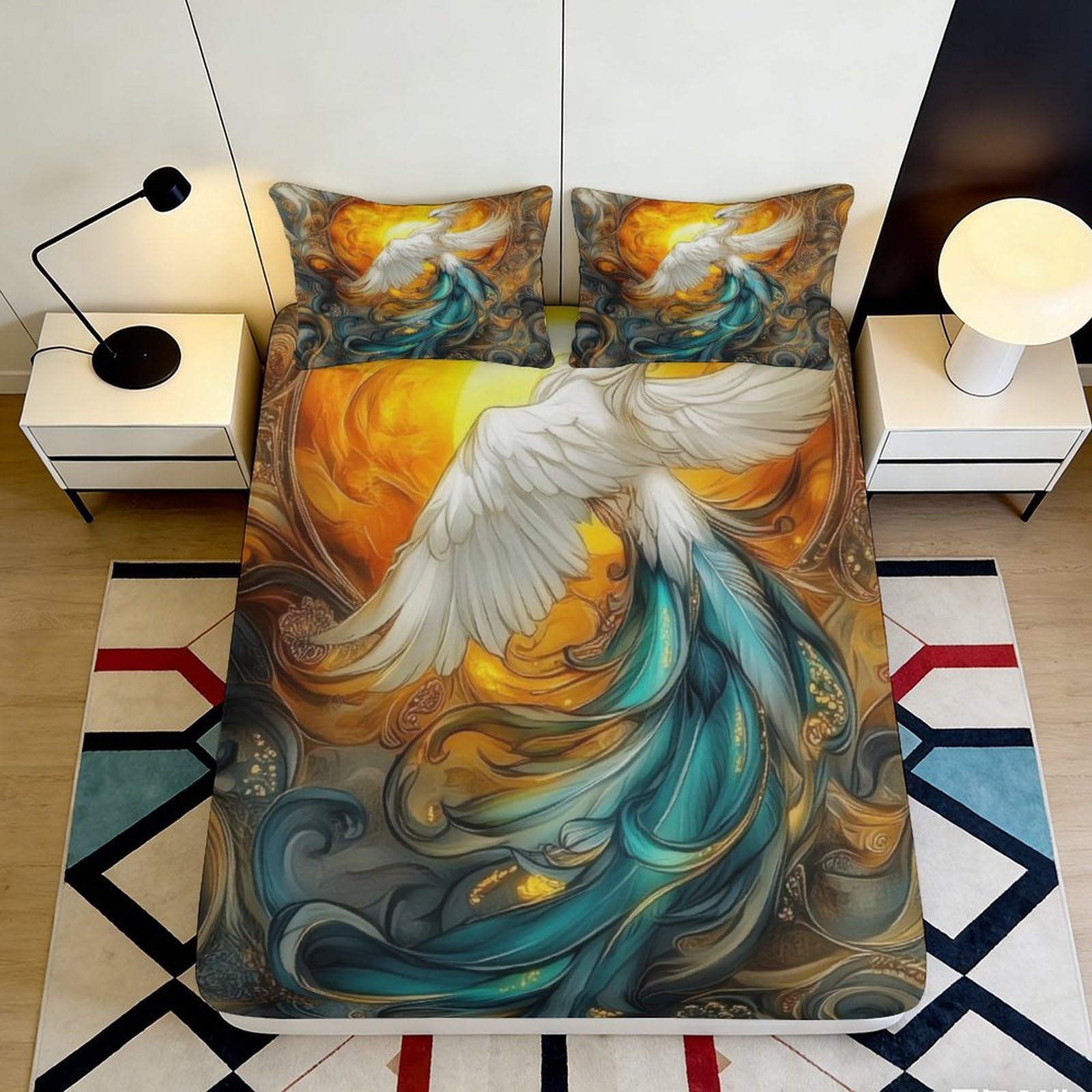 3D Printed Phoenix Sun Fitted Sheet Microfiber Turquoise Feather Mattress Cover for Bedroom Decor Easy Care 90x200x25cm