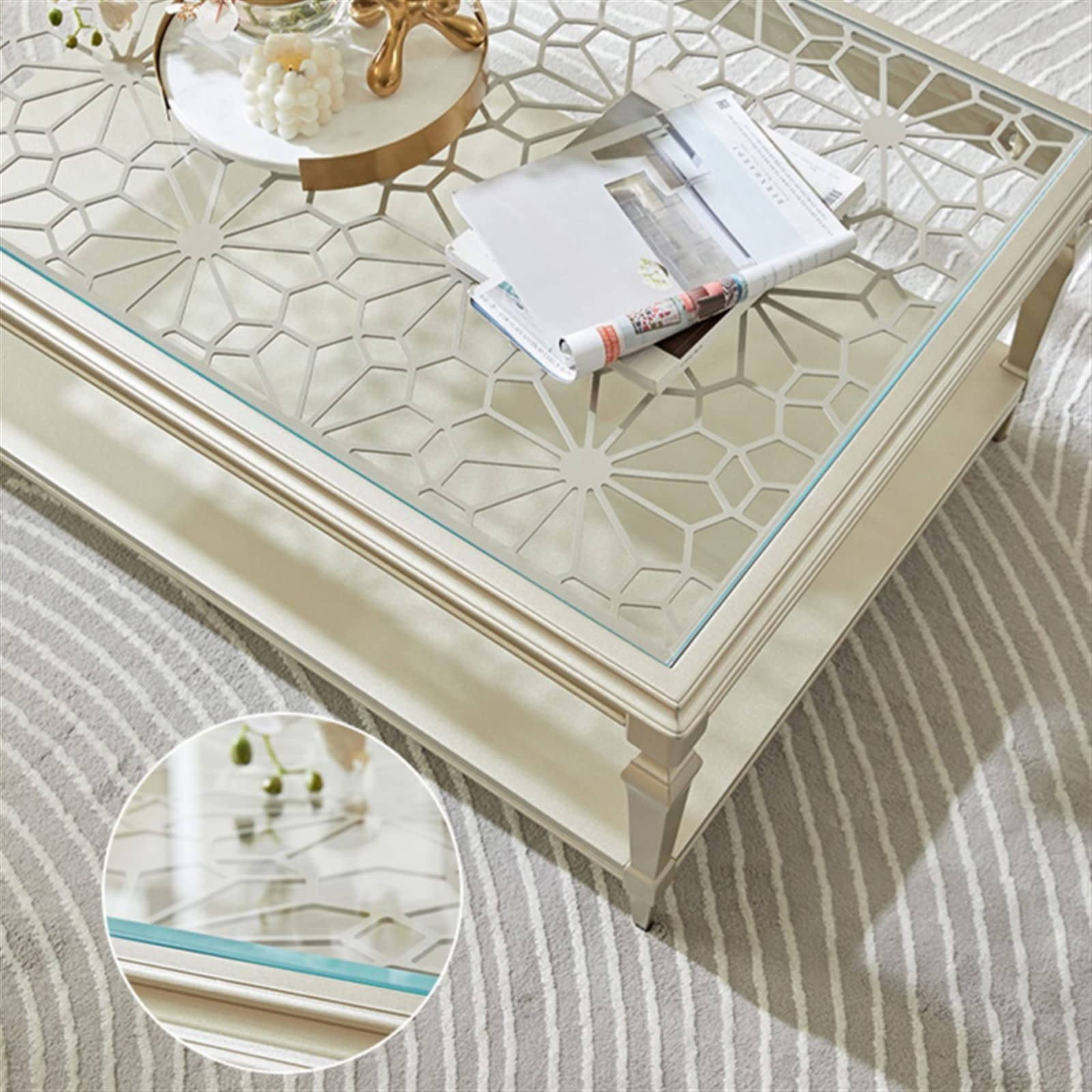 Mesa de centro moderna y sencilla mesa de centro con tallado hueco y parte superior de cristal, sofá rectangular de lujo de 47.2 pulgadas con estante abierto para sala de estar