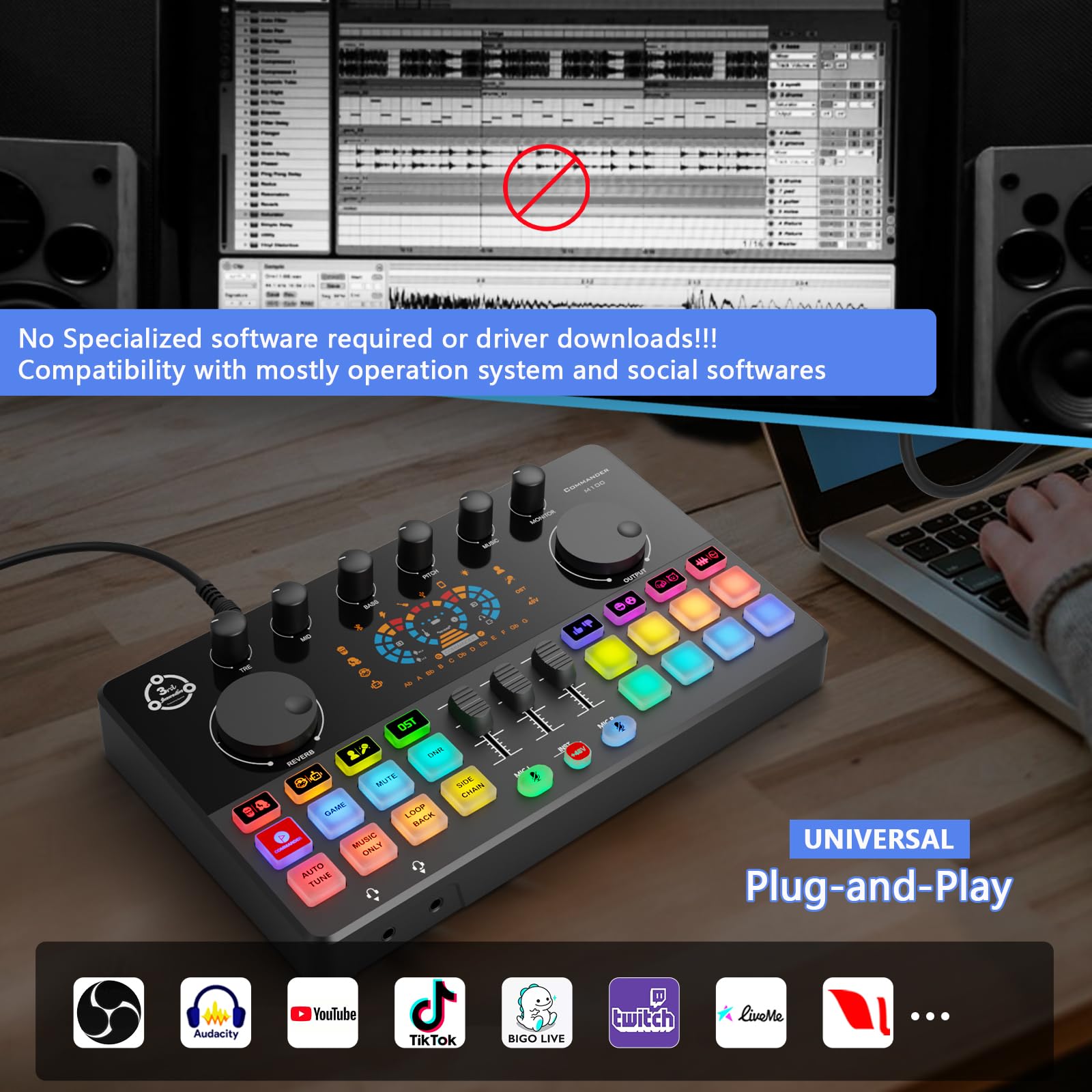 Paquete de equipo de podcast para 2, mezclador de DJ de interfaz de audio con micrófono de condensador XLR de 48 V, cambio de voz, para transmisión, grabación de podcast, Tiktok, PC, smartphone