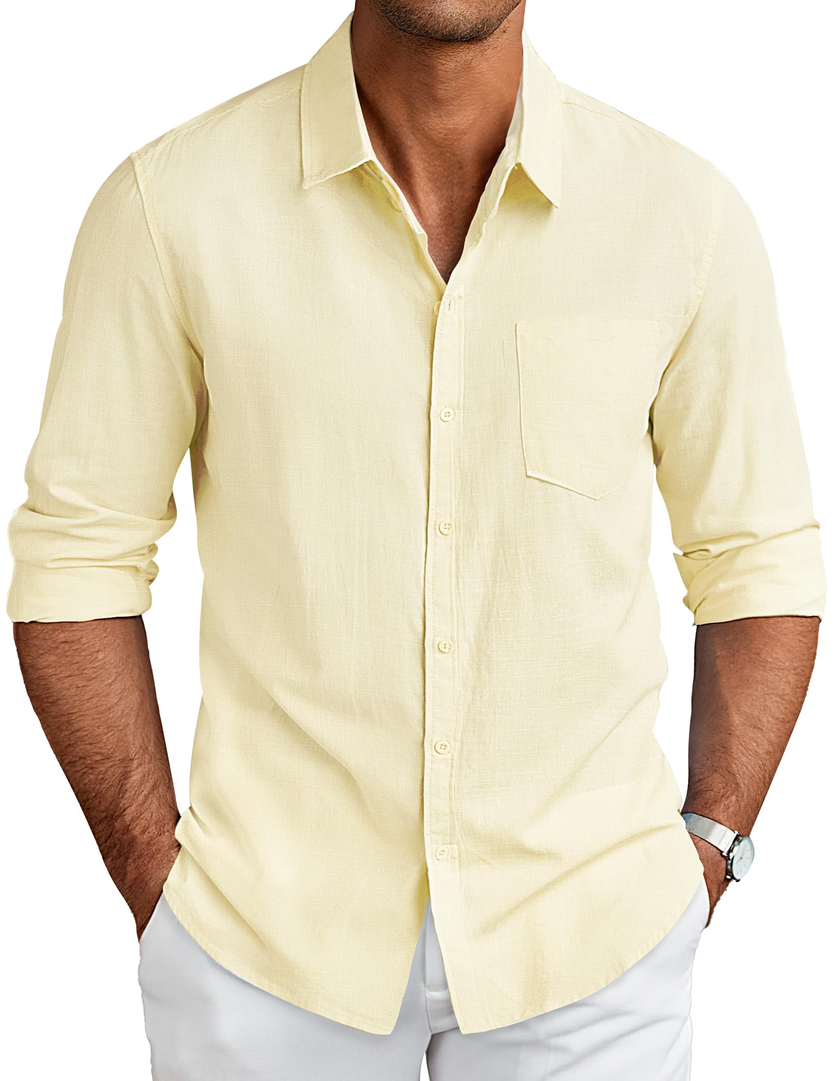 COOFANDY Men's Long Sleeve Buttons Down Shirts Casual Button Up Shirts Beach Linen Shirt Untucked Dress Shirt