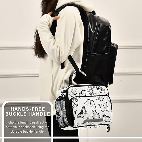 Miniatura 6 de Bolsa de almuerzo reutilizable con aislamiento de mariposa blanca y negra, con correa de hombro extraíble, bolsas de picnic para viajes al aire