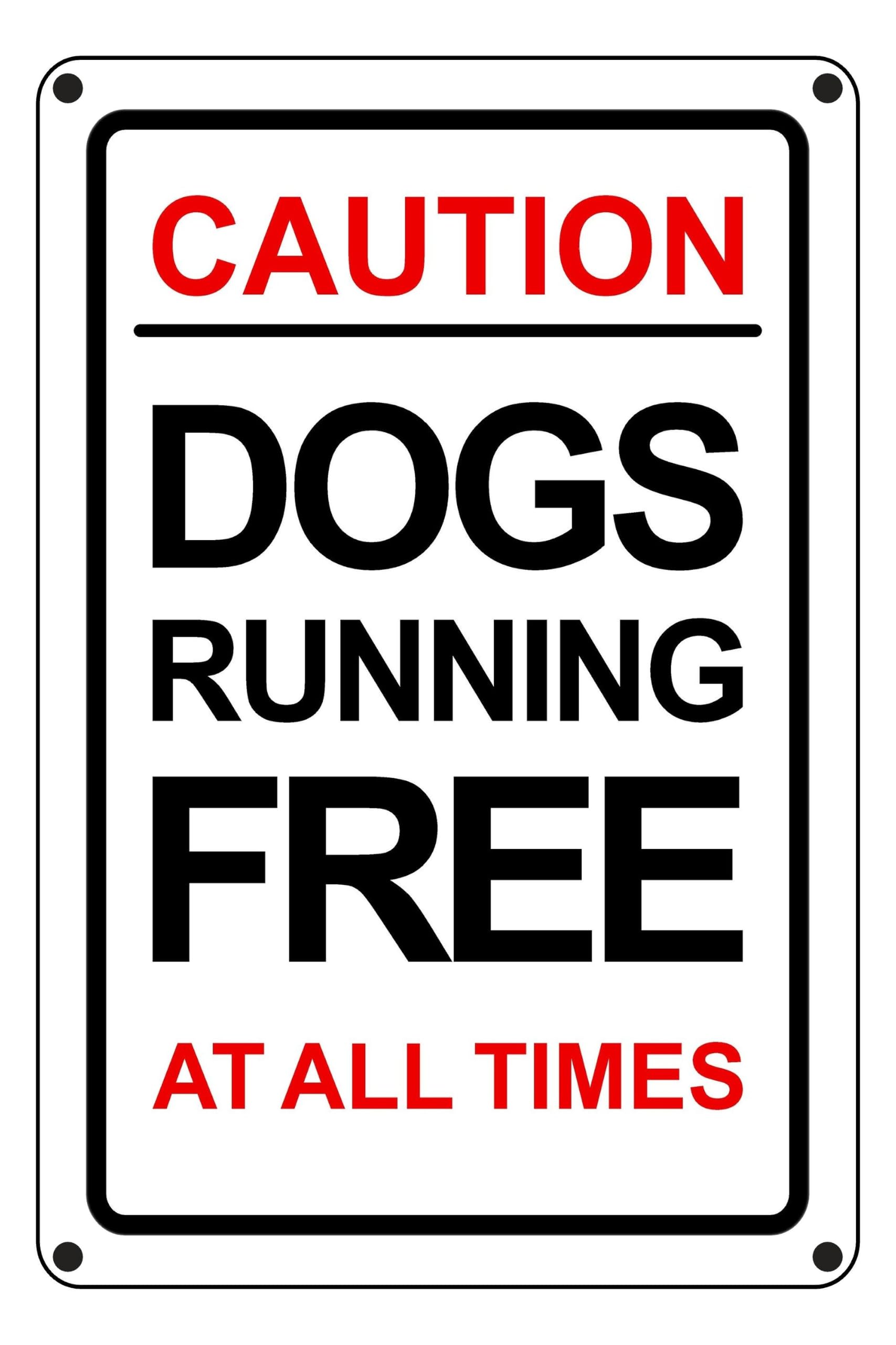 Caution Dogs Running Free - safety sign - 1.2mm Pre-Drilled Rigid plastic for indoor/outdoor usage (400mm x 300mm) Viewing Distance within 14m.