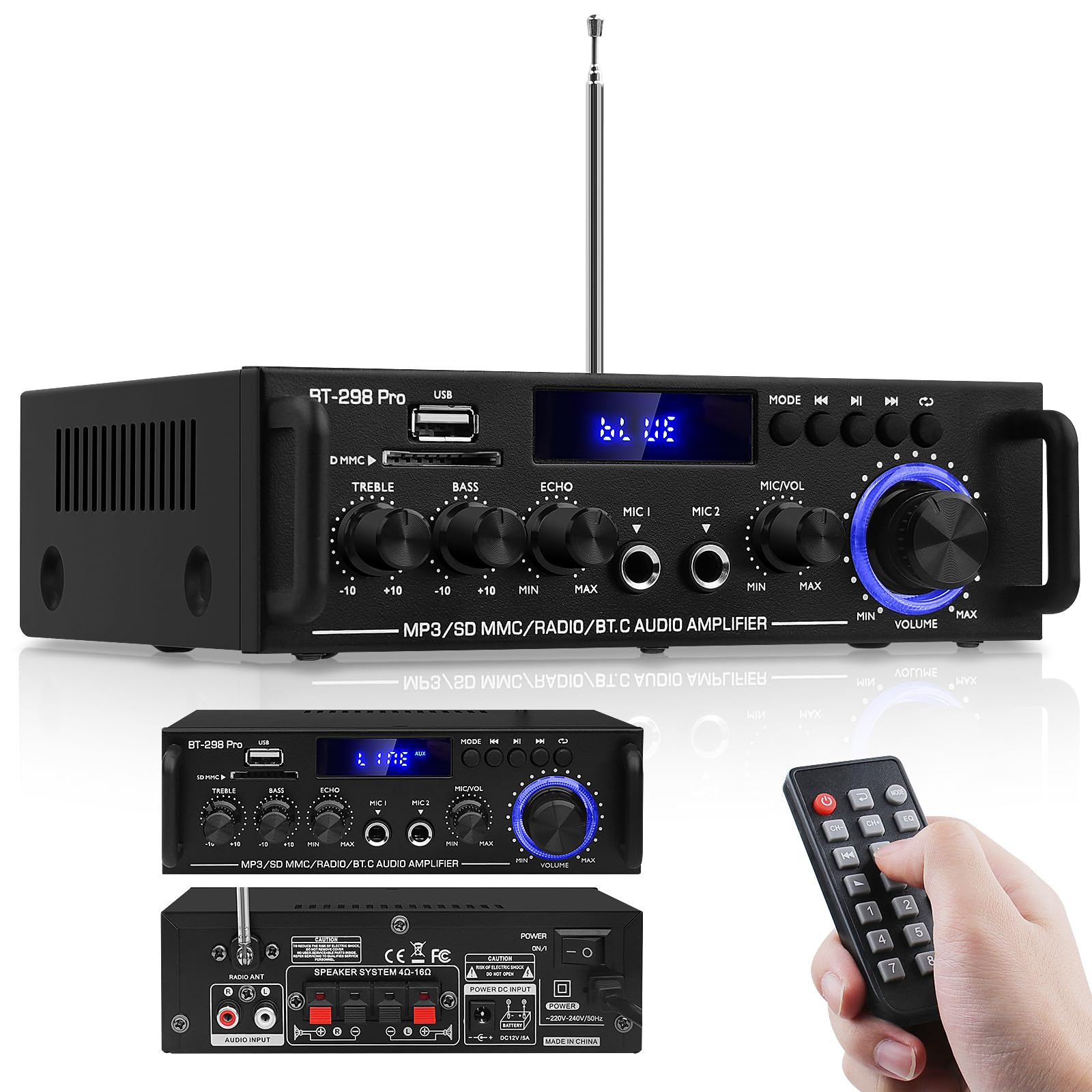 298Pro Receiver for Speakers, 5.0 Bluetooth Receiver for Home Stereo,RMS 400Wx2 Power Amp, Bass Treble Control,USB/SD/RCA/MIC/FM