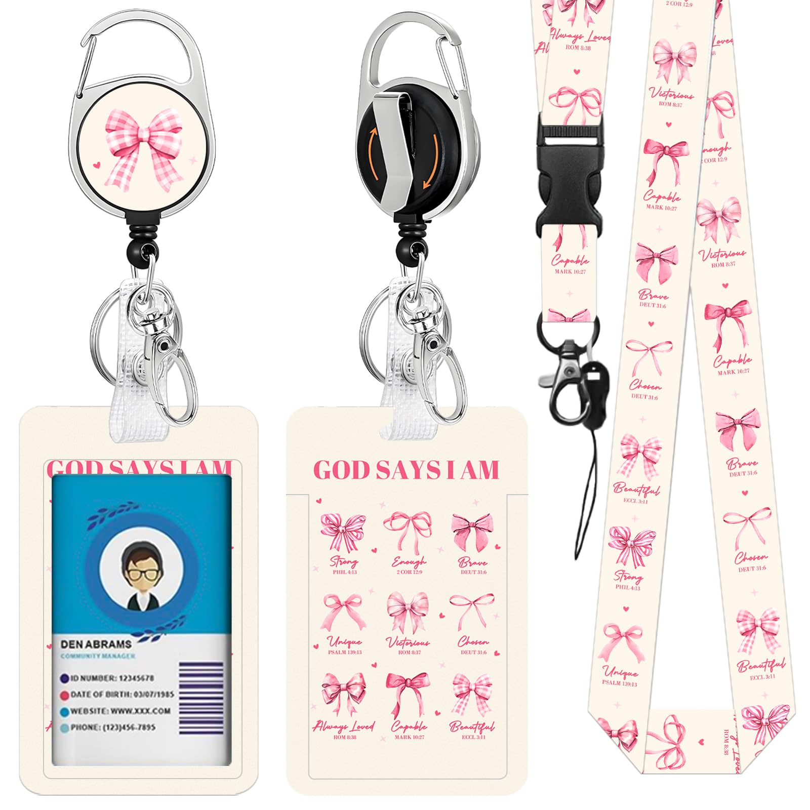 Christian Lanyards ID Badge Women Gifts, God Says I Am ID Badge Holder with Retractable Reel clipand Keychain, Vertical Identity Badge Cover Case Protector with Name Tag for Teacher Nurse Pink Bow