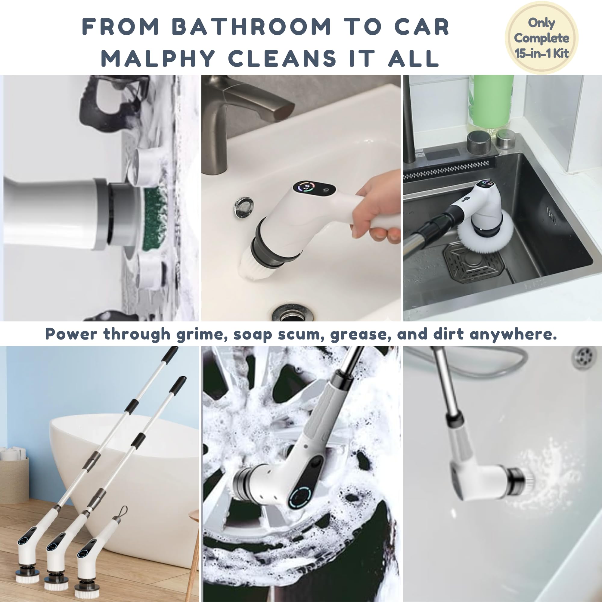 15-in-1 Electric Scrub Brush Cordless Power Scrubber for Bathroom Tile Grout Cleaning Waterproof Cleaning Brush with Extension Handle — view 4