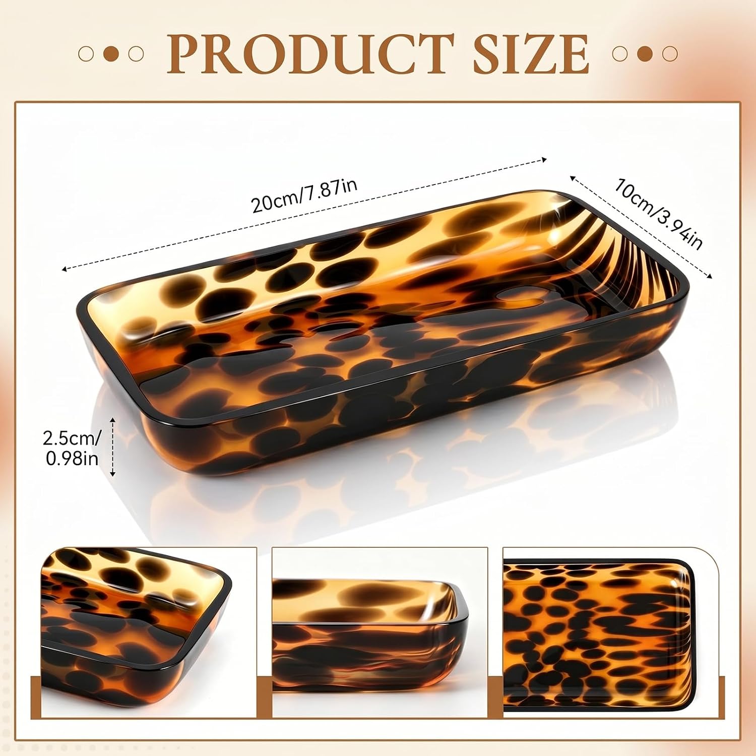 Tortoise Shell Pattern Glass Decorative Tray 7.9" x 4" Vanity Jewelry Trinket Ring Earring Organizer Collection Display Serving Tray for Dresser Drawer Ottoman Countertop Tabletop Party