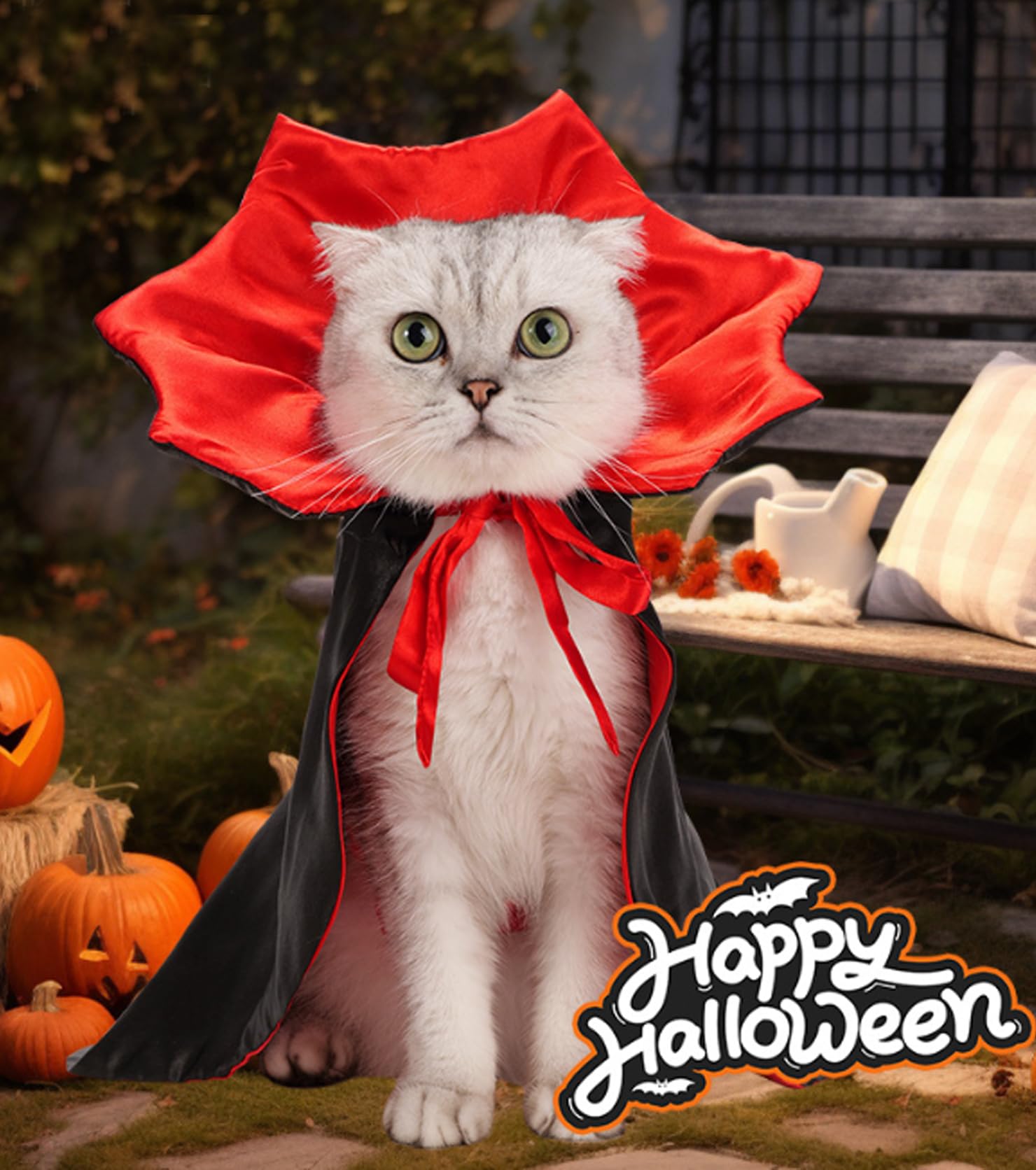 Set Costume Halloween Per Gatti E Cani Piccoli - Mantello Da Vampiro Con Ali Di Pipistrello, In Satin E Feltro