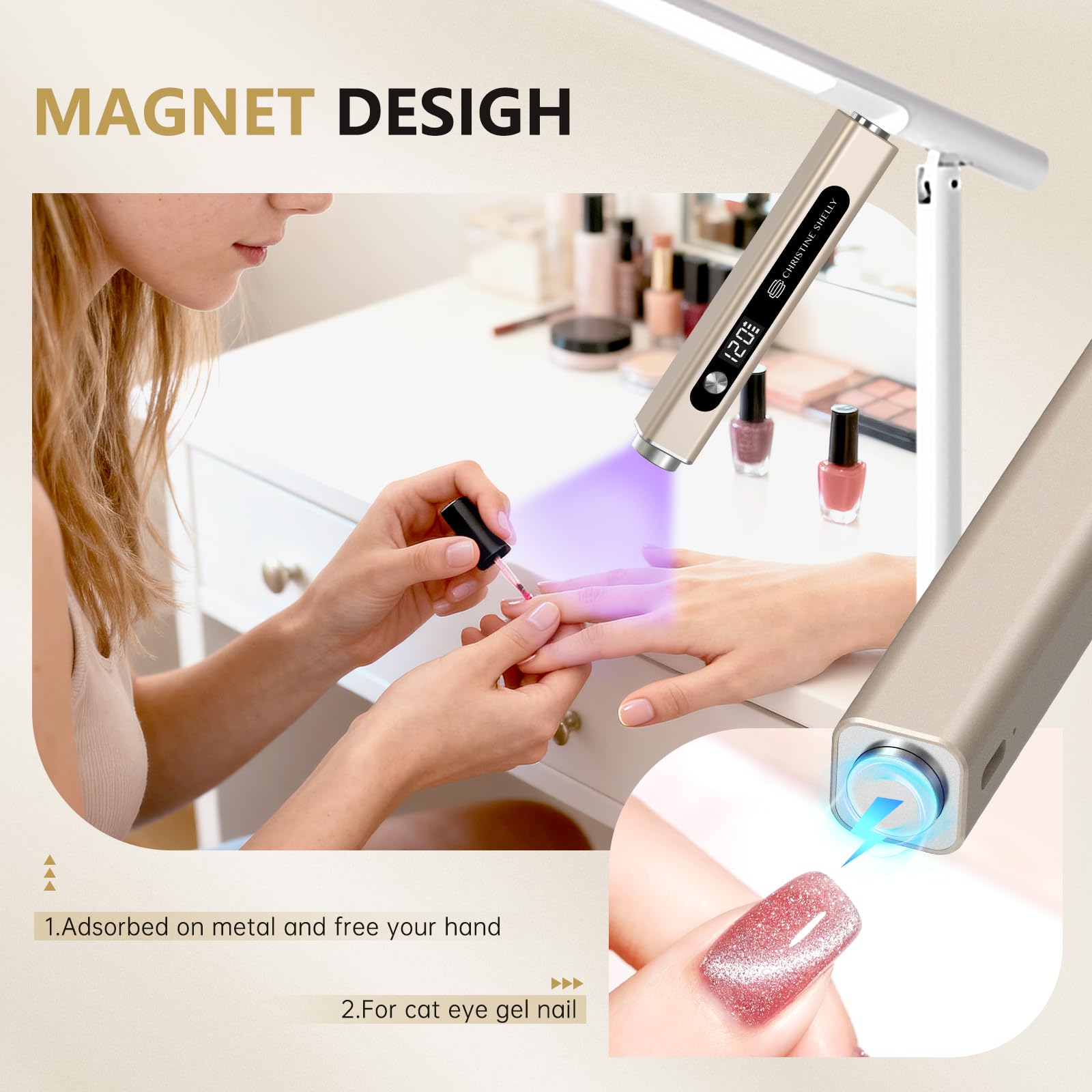 UV Lamps for Gel Nails CHRISTINE SHELLY Handheld 3 In 1 LED Nail Light Cat Eye Magnet Flash Cure Lamp Nail Stamp LCD Display Rechargeable Nail Dryer with 3 Timers for Gel Polish Home DIY - Image 4