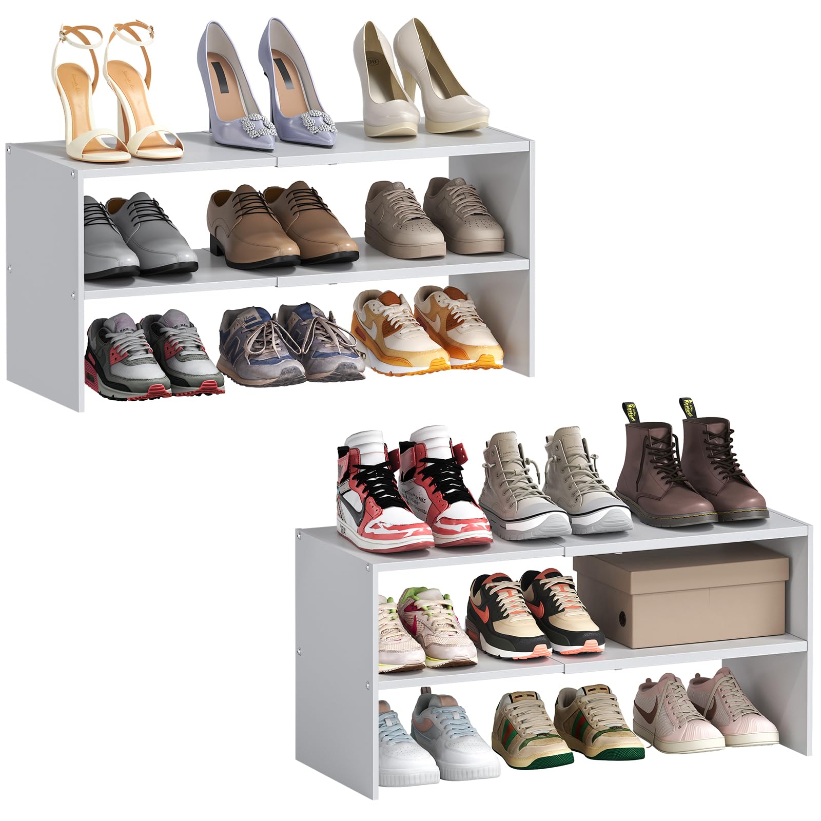 Photo 1 of 2 Pack Expandable White Shoe Rack Organizer for Closet, 2-Tier Stackable Shoe Storage Shelf, Small Iron Wood Combination Shoe Shelves for Closets,Entryway,Front Door, Narrow Space,Hallway,15-24 Pairs