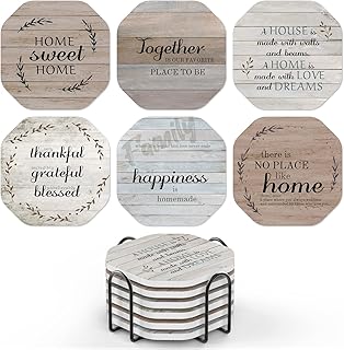 UMIRRO Rustic Farmhouse Coasters for Coffee Table Decor, Ceramic Coaster Set with Holder for Wooden Table, Cute Cup Coasters for Drinks Absorbent, Housewarming Gifts for New House/Home, 4