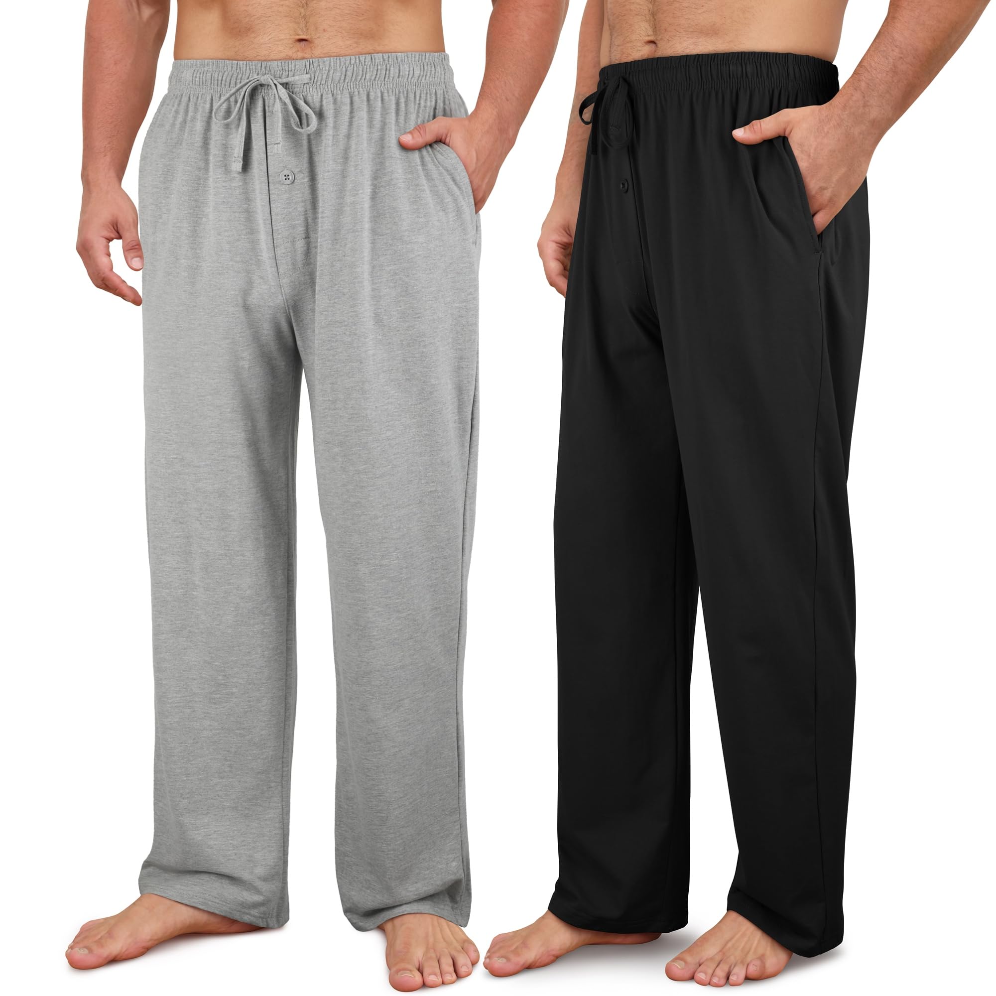 2 Pack Men's Cotton Pajama Pants Soft Sleep & Lounge Pj Bottoms with Pockets & Drawstring