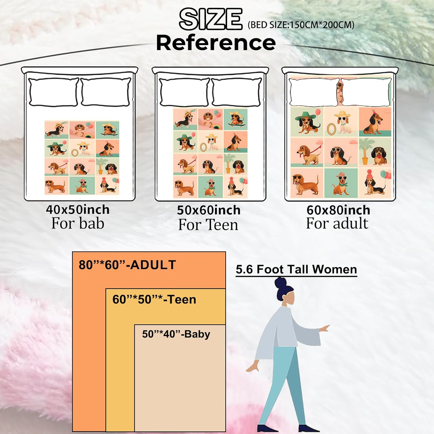 Dachshund Dog Blanket, Cartoon Dog Illustration Grid Design Lightweight Flannel Throw 50×60 for Couch Sofa Bed, Cozy Home Decor and Gifts for Dog Lovers, Dachshund Fans and Pet Themed Spaces