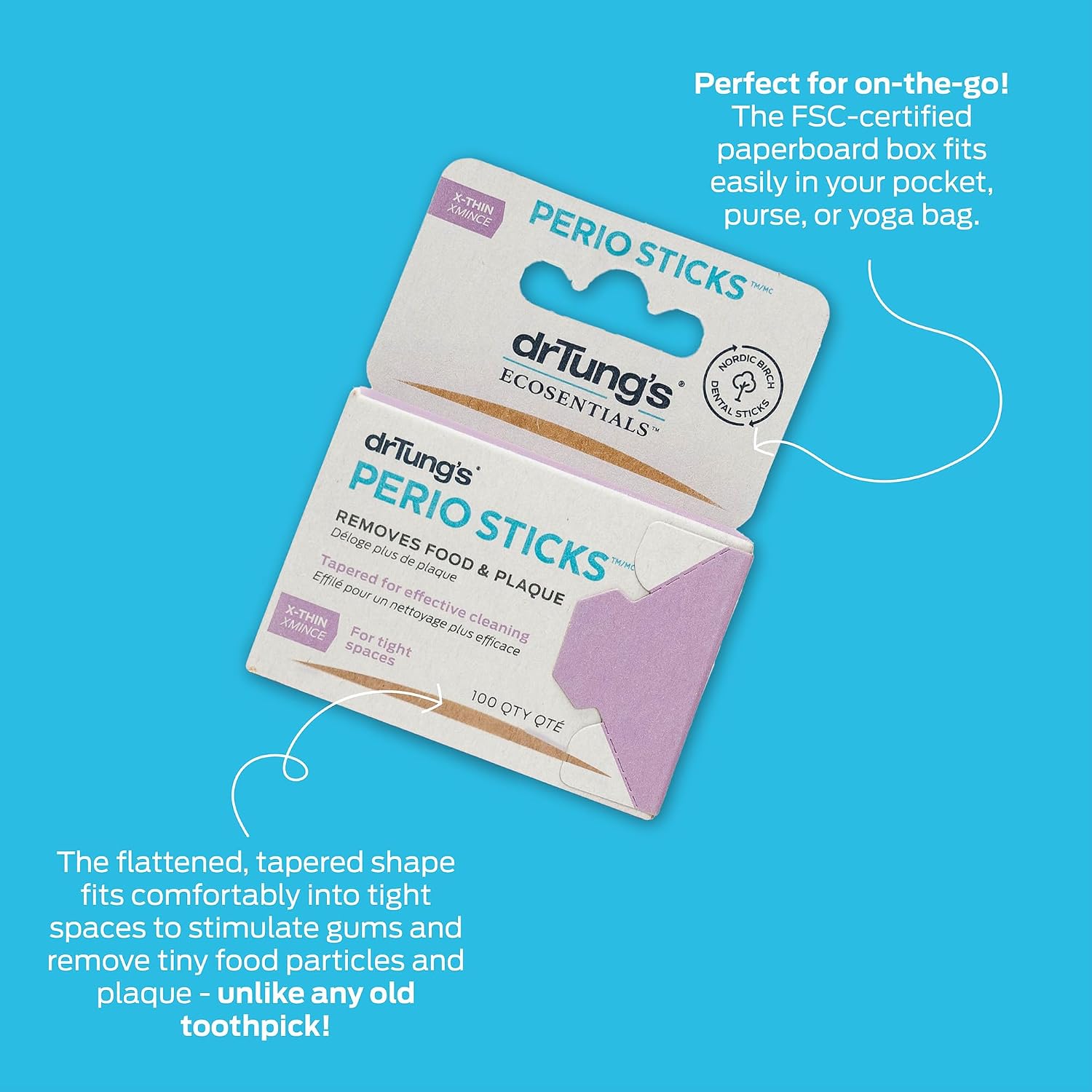 drTung's Dental Sticks for Teeth & Gum Cleaning - Toothpicks for Oral Care, Soft Floss Picks for Teeth, Interdental Plaque & Food Remover Tool, Perio Sticks - X-Thin, Bulk 100 Count (Pack of 6)