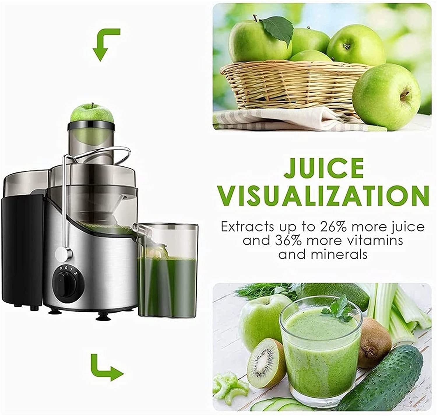 Estrattore di Succo, estrattore di Succo da 400 W con Bocca Larga da 3" per Frutta e Verdura, Facile da Pulire, Acciaio Inossidabile,