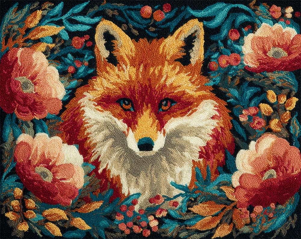 Kitquiver Rug Kits for Adults Latch Hook Pre Printed Fox and Glory Flowers DIY Crafts Crochet Yarn Handmade Embroidery with Printed Canvas Needlework for Home Decor 15X20In
