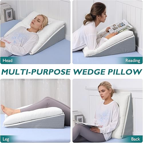 Miniatura 4 de TANYOO Almohada de cuña de cama para apnea del sueño, almohada Gerd de 10 pulgadas, almohada triangular de doble capa, ajustable, cubierta de espuma