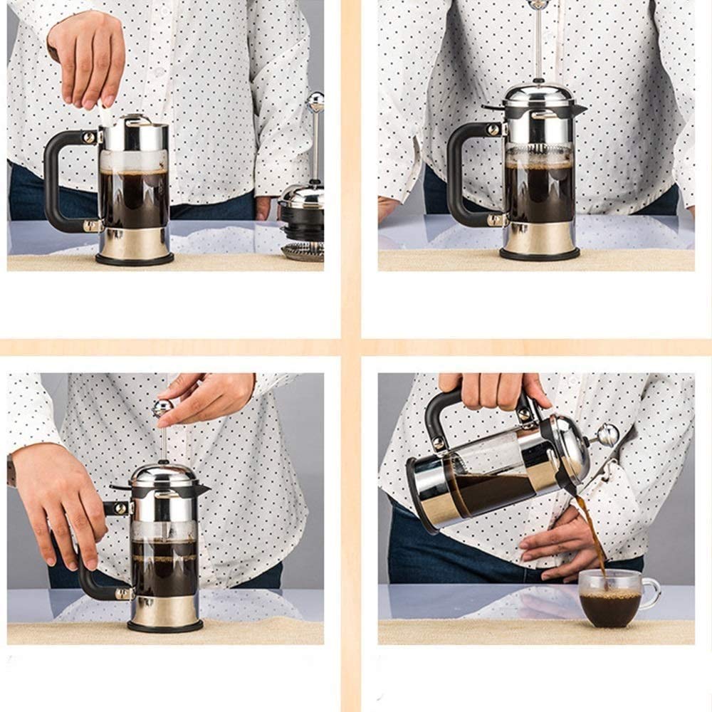 Fabricante de té de café, 304 Prensa de café de Acero Inoxidable con Sistema de filtración de 4 Niveles, Vidrio de borosilicato Espesado Resistente al Calor, 34 onzas, (1 litro) Plateado