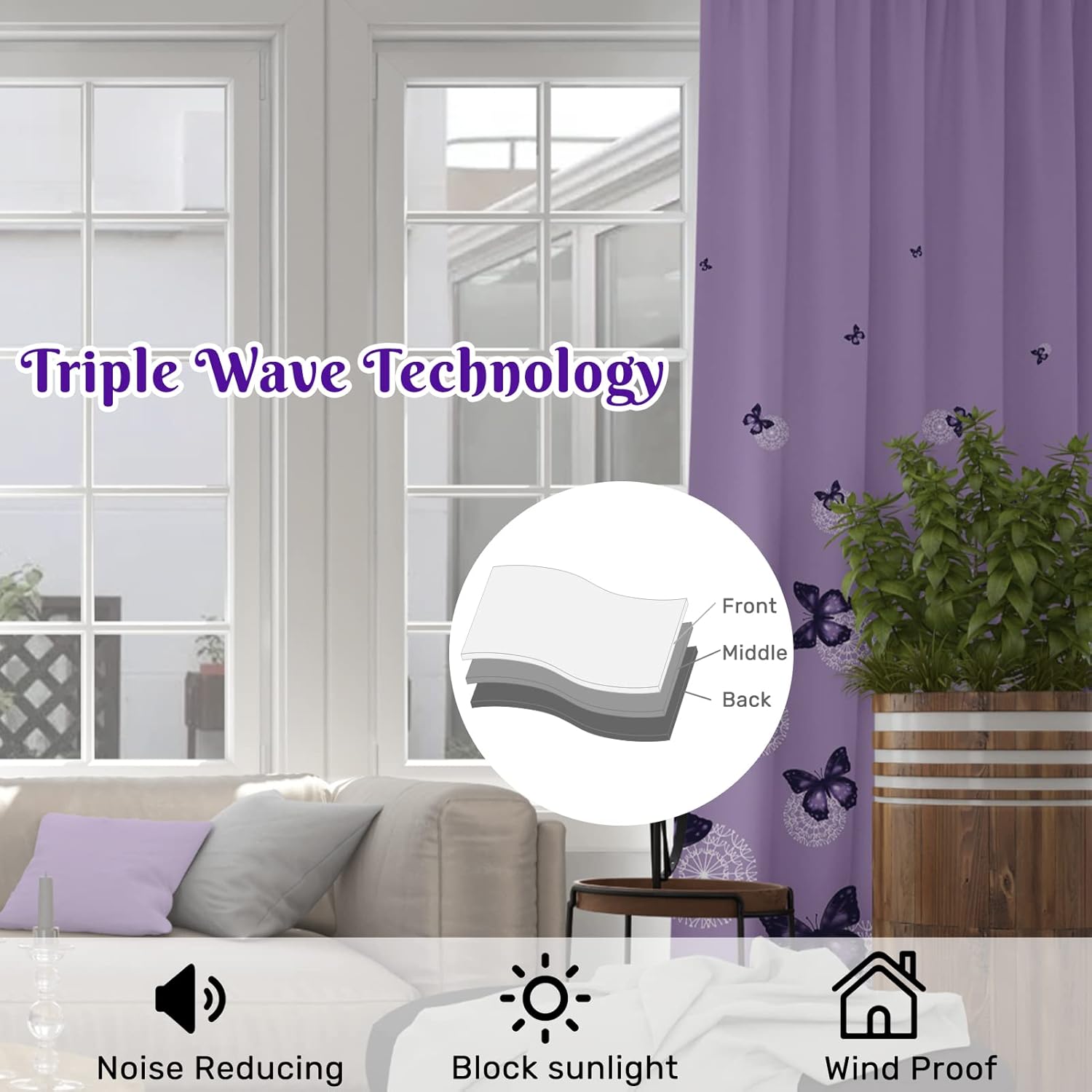 ARTALL Butterfly Blackout Curtain Purple Room Darkening Window Curtain Drapes for Living Room Bedroom, 52" W x 84" L, 2 Panels