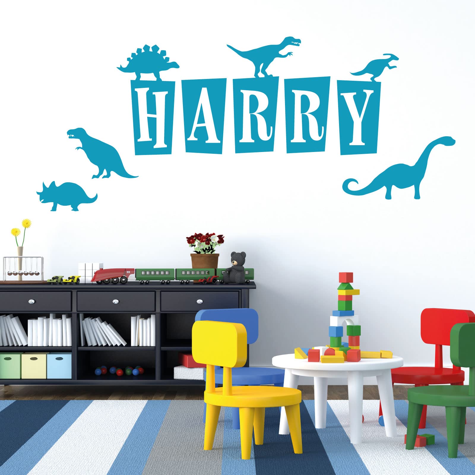 Personalised Name - Dinosaurs, T-Rex, Apatosaurus, Jurassic Era - Children's Bedroom Vinyl Wall Decal Sticker [Medium] [Sky]