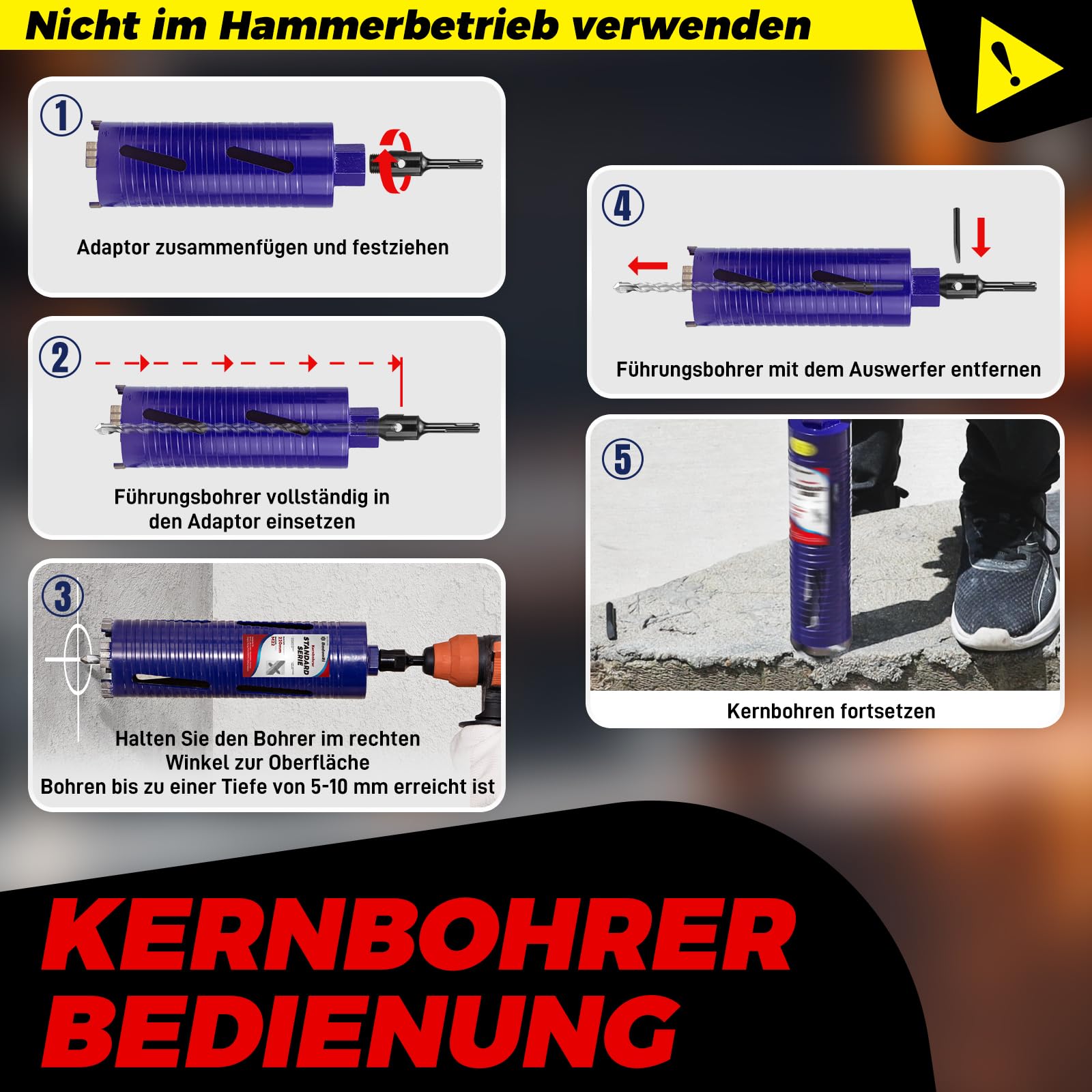 Extra lange Ø51mm x 220mm Länge Diamantbohrkrone – Kernbohrer mit M22 Gewinde, inkl. 2 SDS Plus Verlängerungen (240mm & 110mm) für tiefe Bohrungen in Beton, Mauerwerk, Kalksandstein