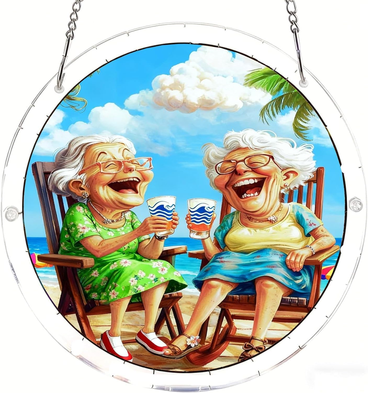 Tropical Beach Grandma Acrylic Jigsaw Puzzles Suncatcher, 8.9 Inch Window Hanging Suncatcher Acrylic Puzzle, DIY Home Decor Art Gift